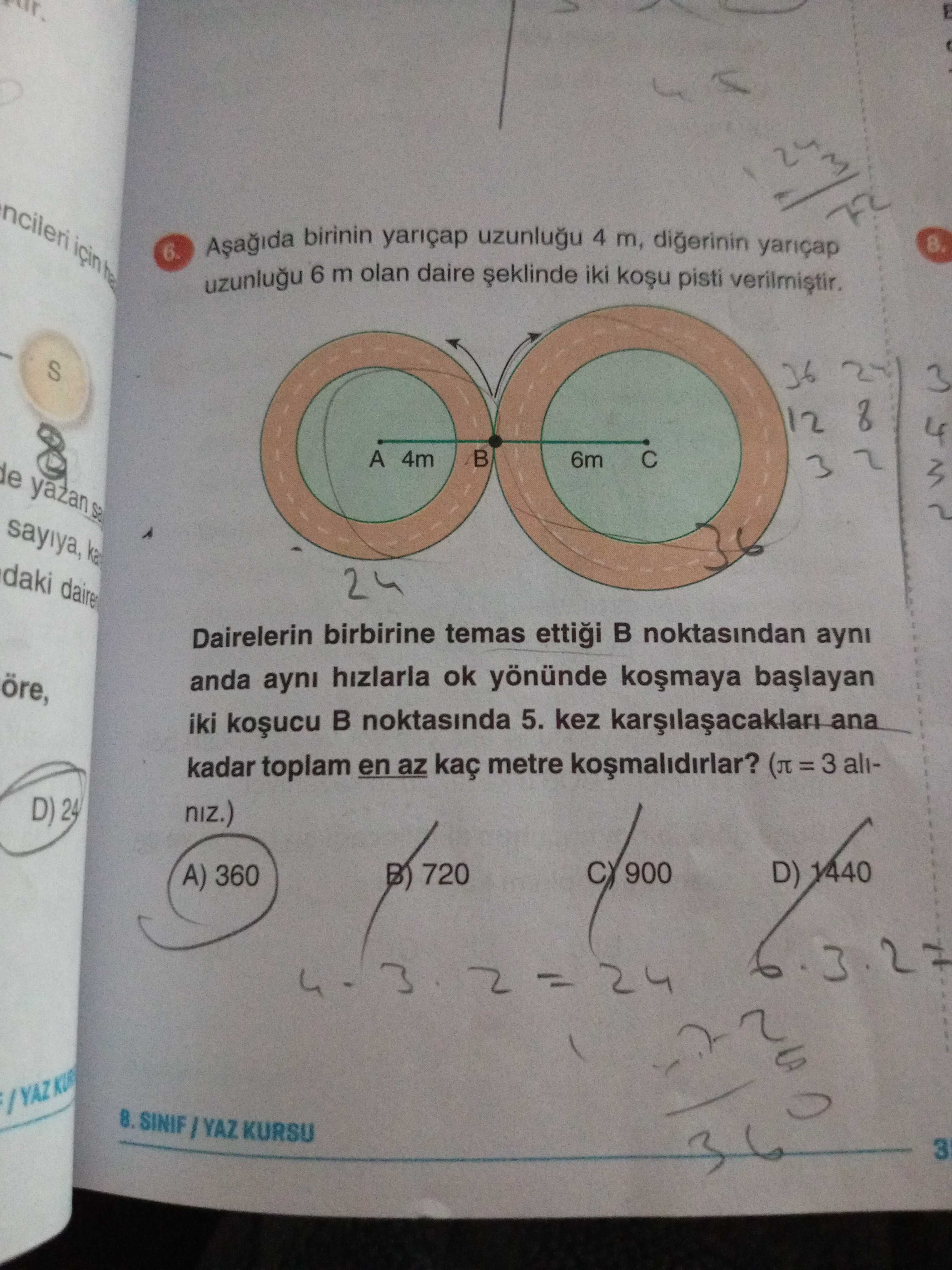 Aşağıda birinin yarıçap uzunluğu 4 m, diğerinin yarıçap uzunluğu 6 m olan daire şeklinde iki koşu