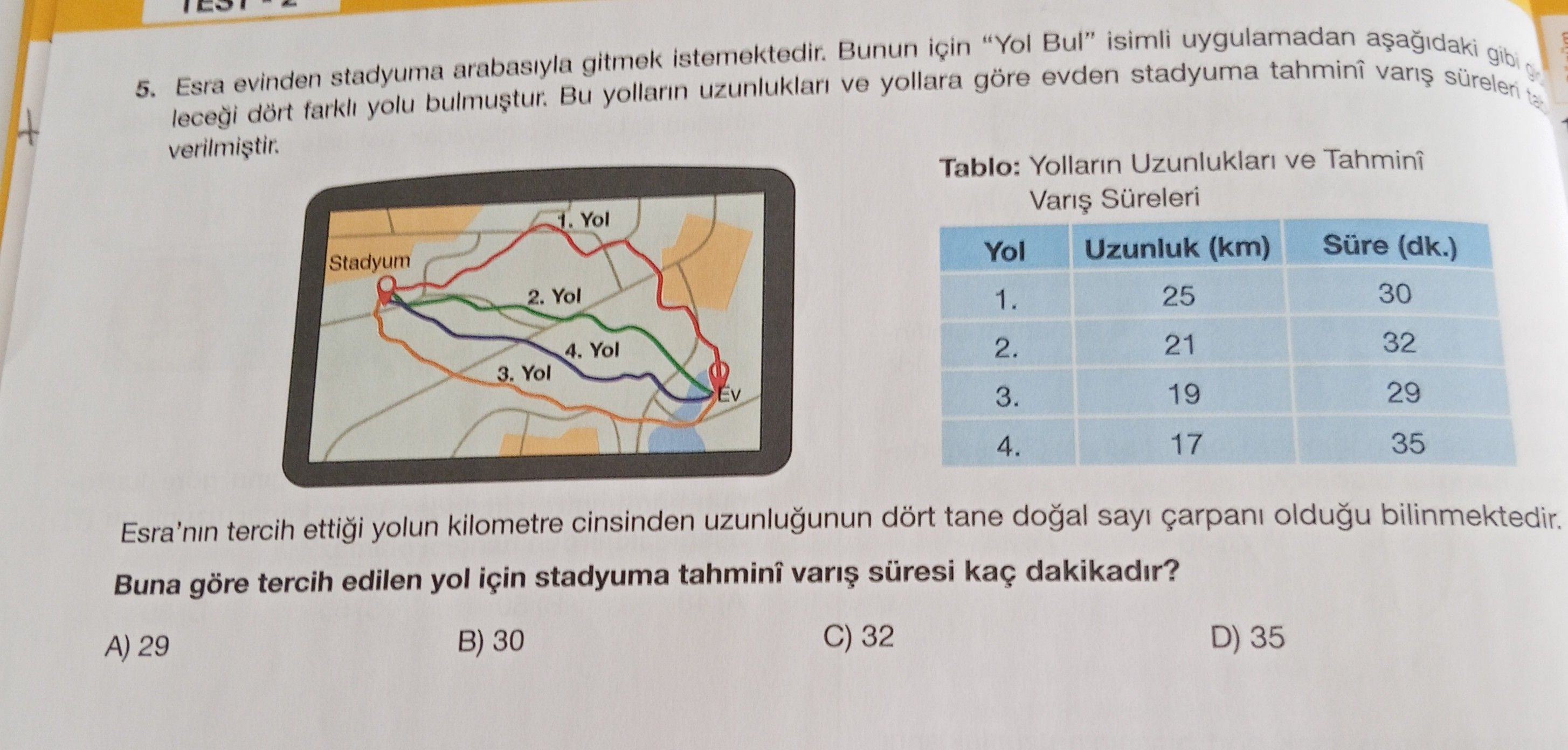 Esra evinden stadyuma arabasıyla gitmek istemektedir. Bunun için "Yol Bul" isimli uygulamadan
