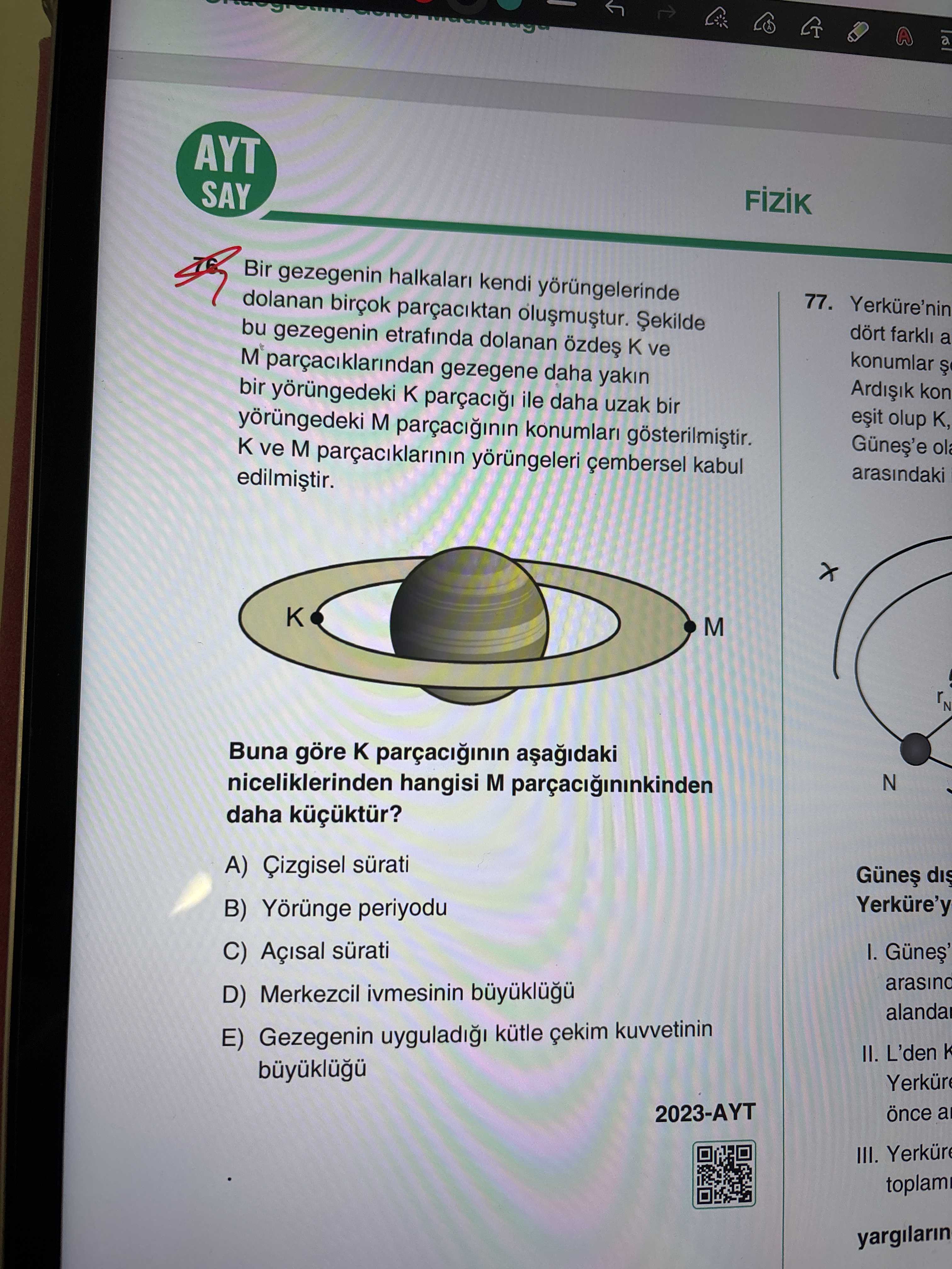 Bir gezegenin halkaları kendi yörüngelerinde dolanan birçok parçacıktan oluşmuştur. Şekilde bu