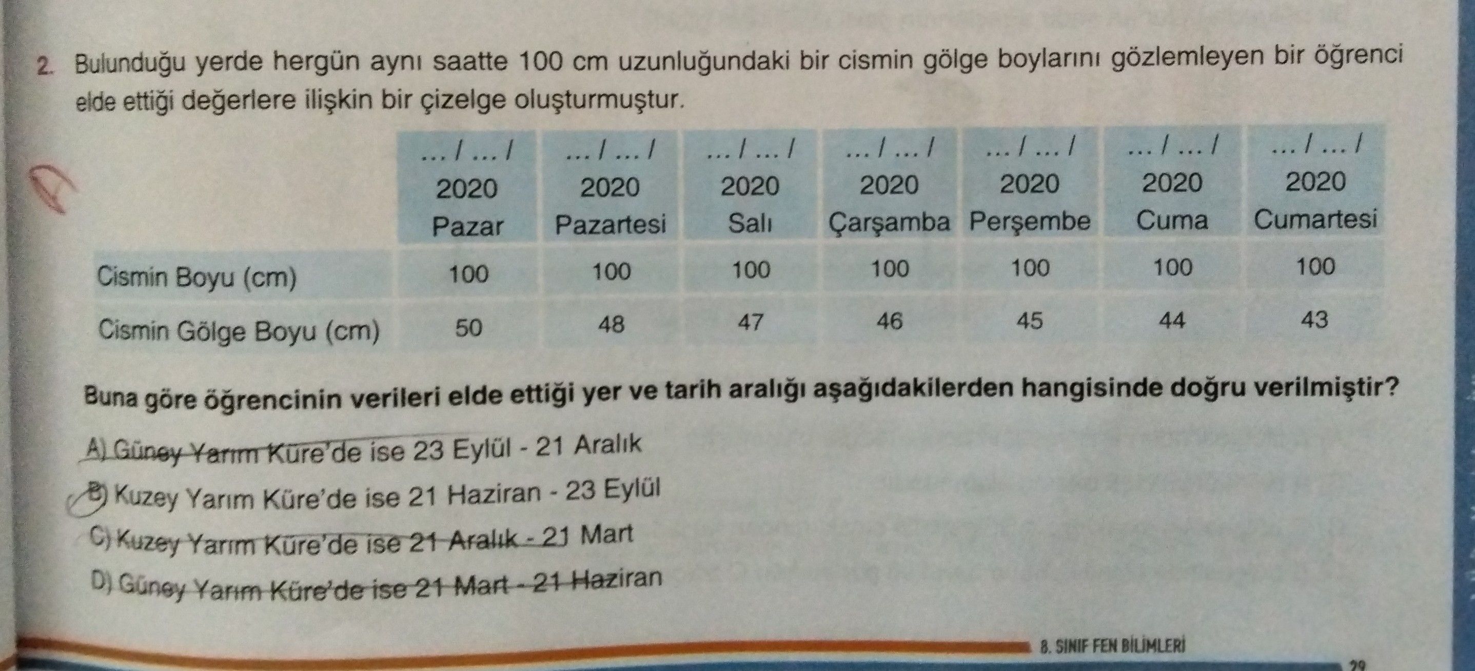 Bulunduğu yerde hergün aynı saatte 100 cm uzunluğundaki bir cismin gölge boylarını gözlemleyen bir