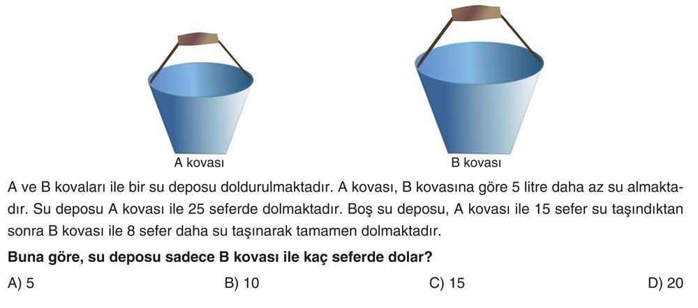A ve B kovaları ile bir su deposu doldurulmaktadır. A kovası, B kovasına göre 5 litre daha az su