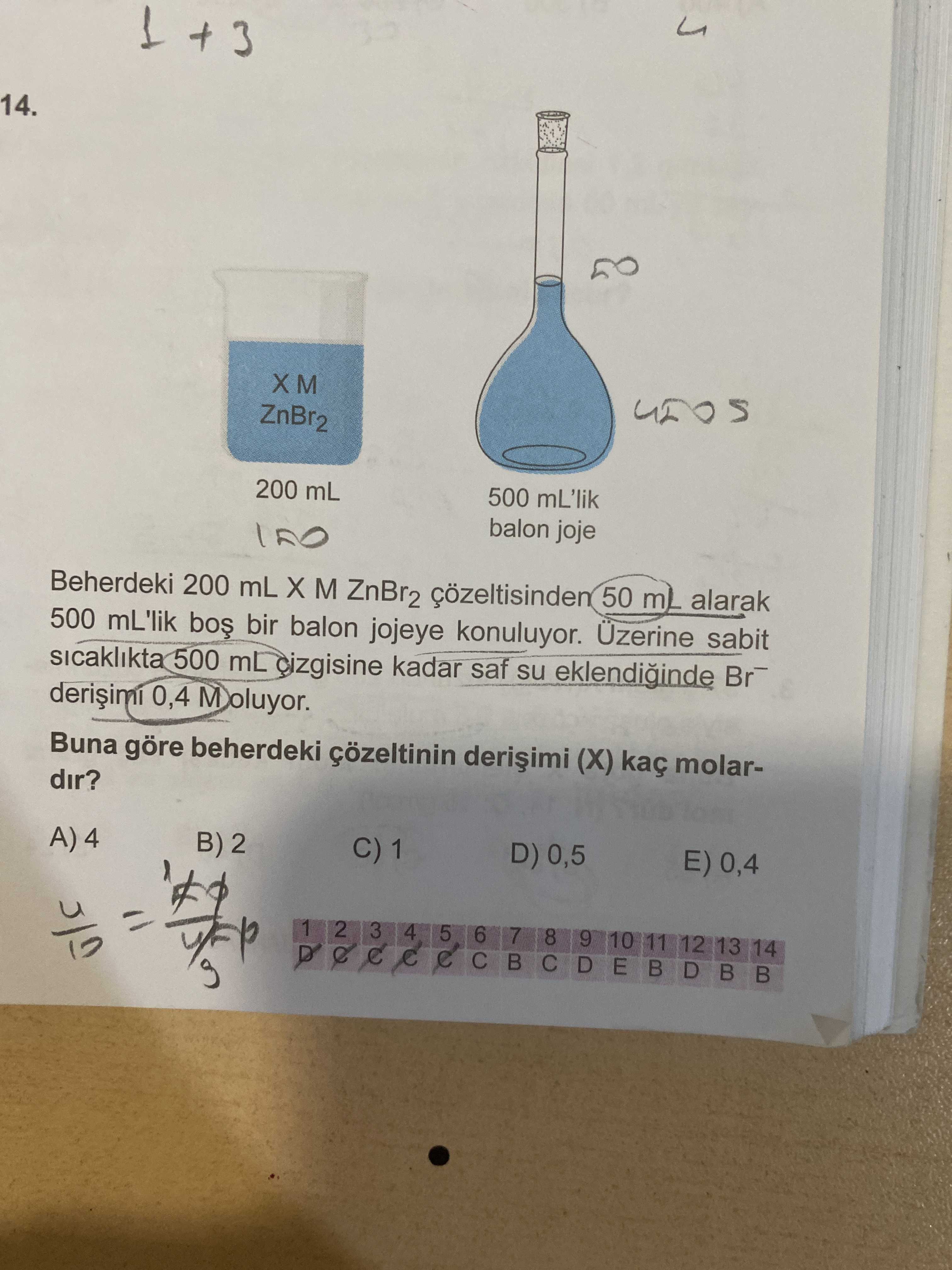 Beherdeki 200 mL X M ZnBr₂ çözeltisinden 50 mL alarak 500 mL'lik boş bir balon jojeye konuluyor
