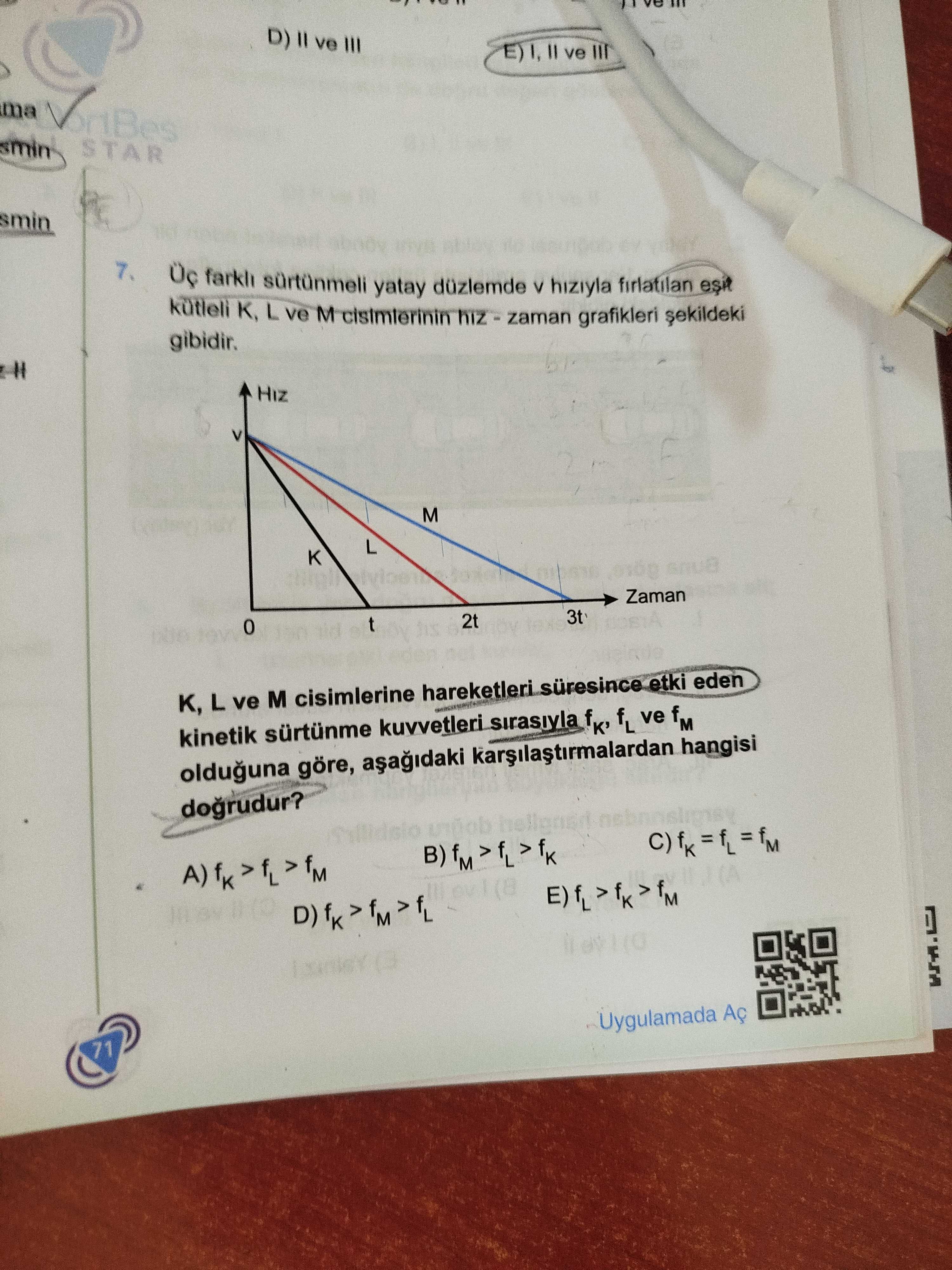 Üç farklı sürtünmeli yatay düzlemde v hızıyla fırlatılan eşit kütleli K, L ve M cisimlerinin hız - zaman grafikleri şekildeki