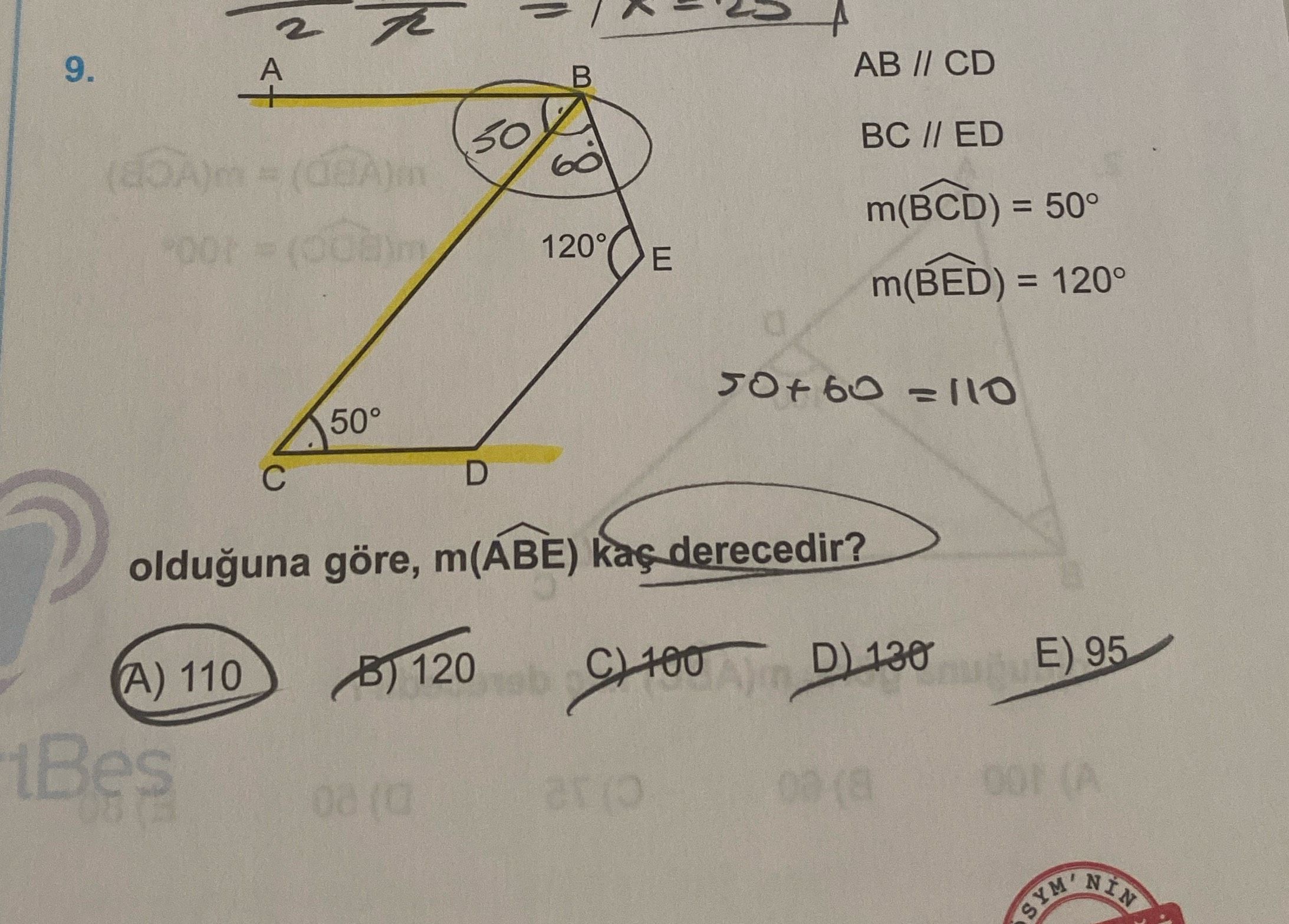 AB // CD BC // ED m(BCD) = 50° m(BED) = 120° olduğuna göre, m(ABE) kaç derecedir?