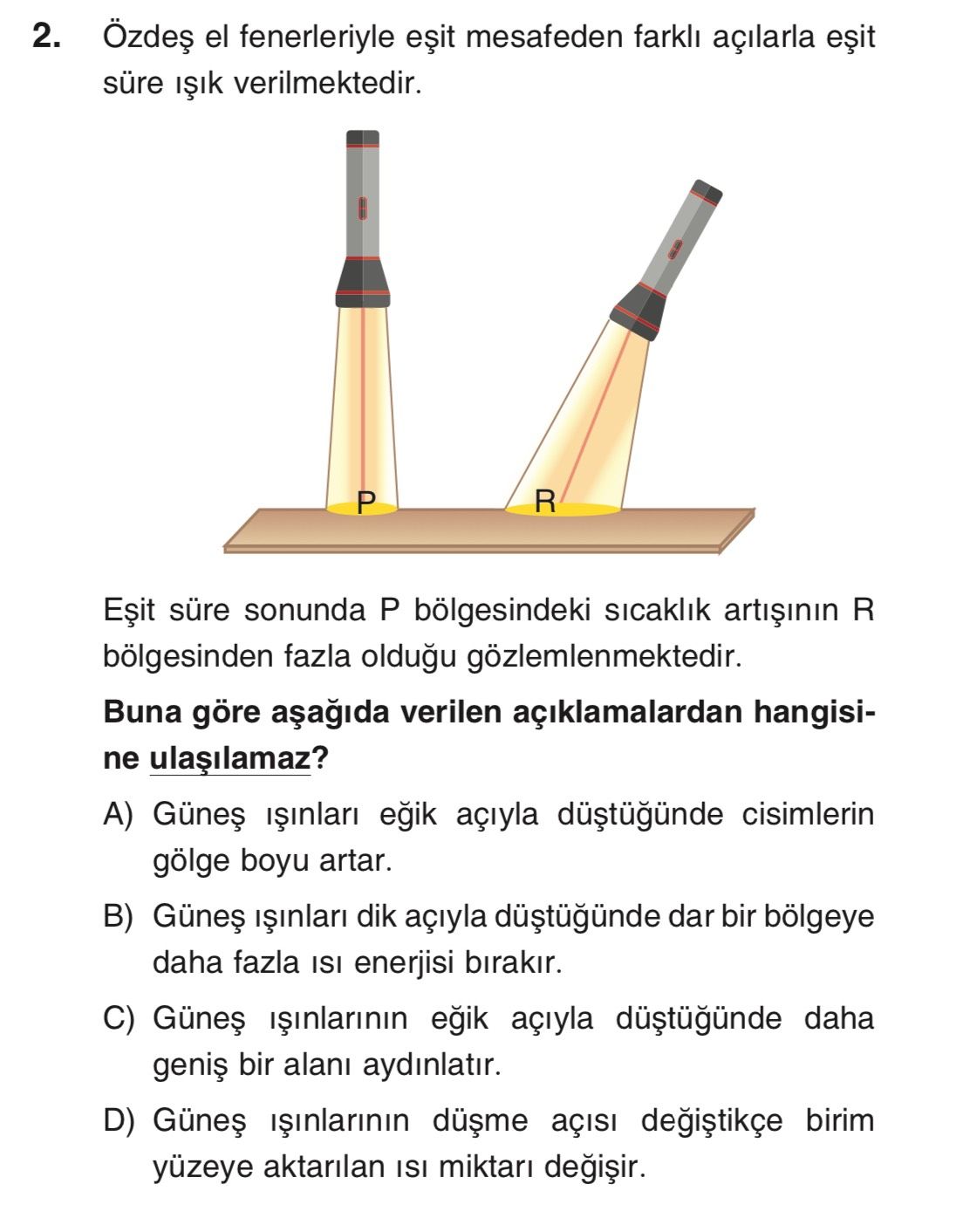 Özdeş el fenerleriyle eşit mesafeden farklı açılarla eşit süre ışık verilmektedir. Eşit süre sonunda P bölgesindeki sıcaklık