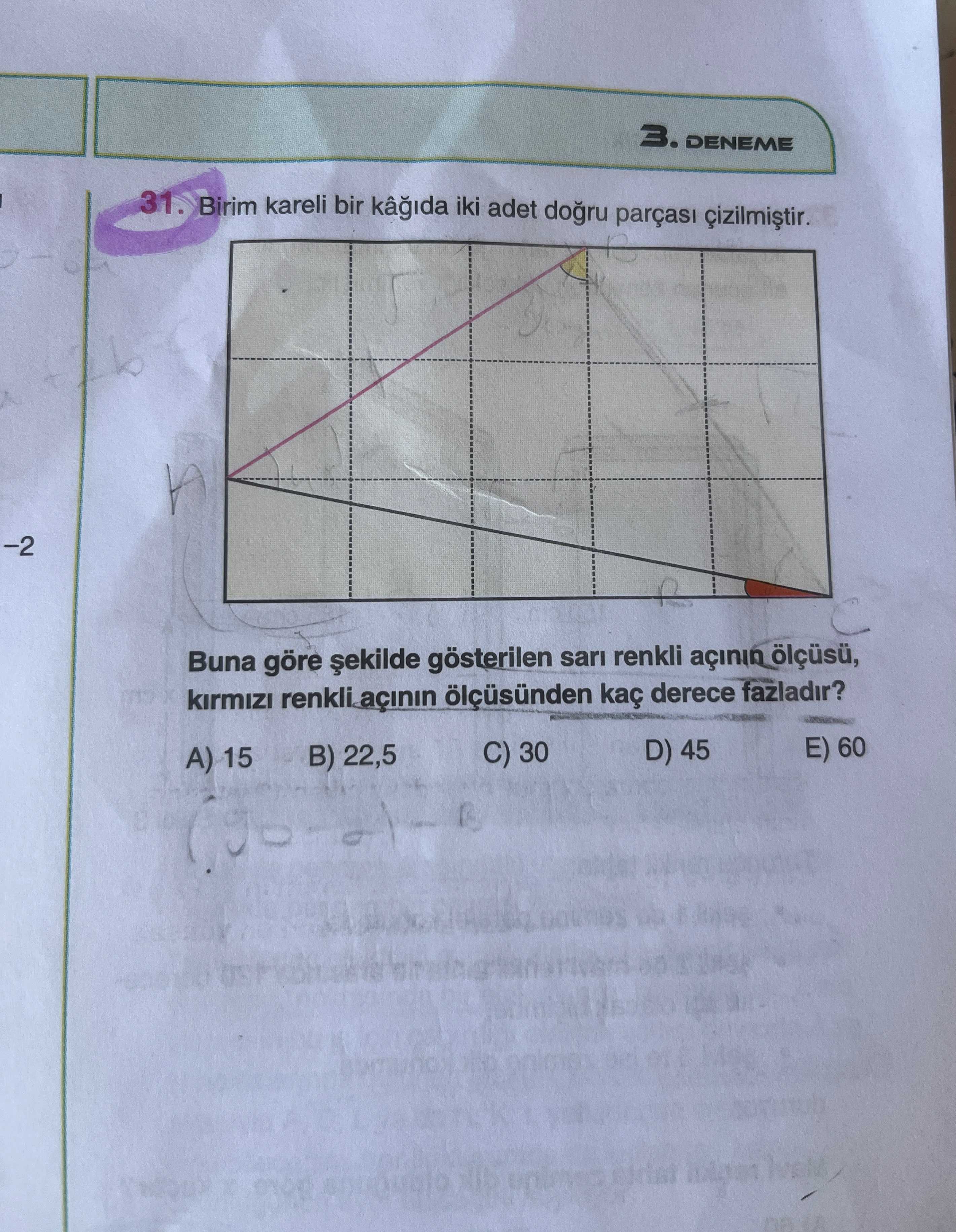 Birim kareli bir kâğıda iki adet doğru parçası çizilmiştir. Buna göre şekilde gösterilen sarı renkli