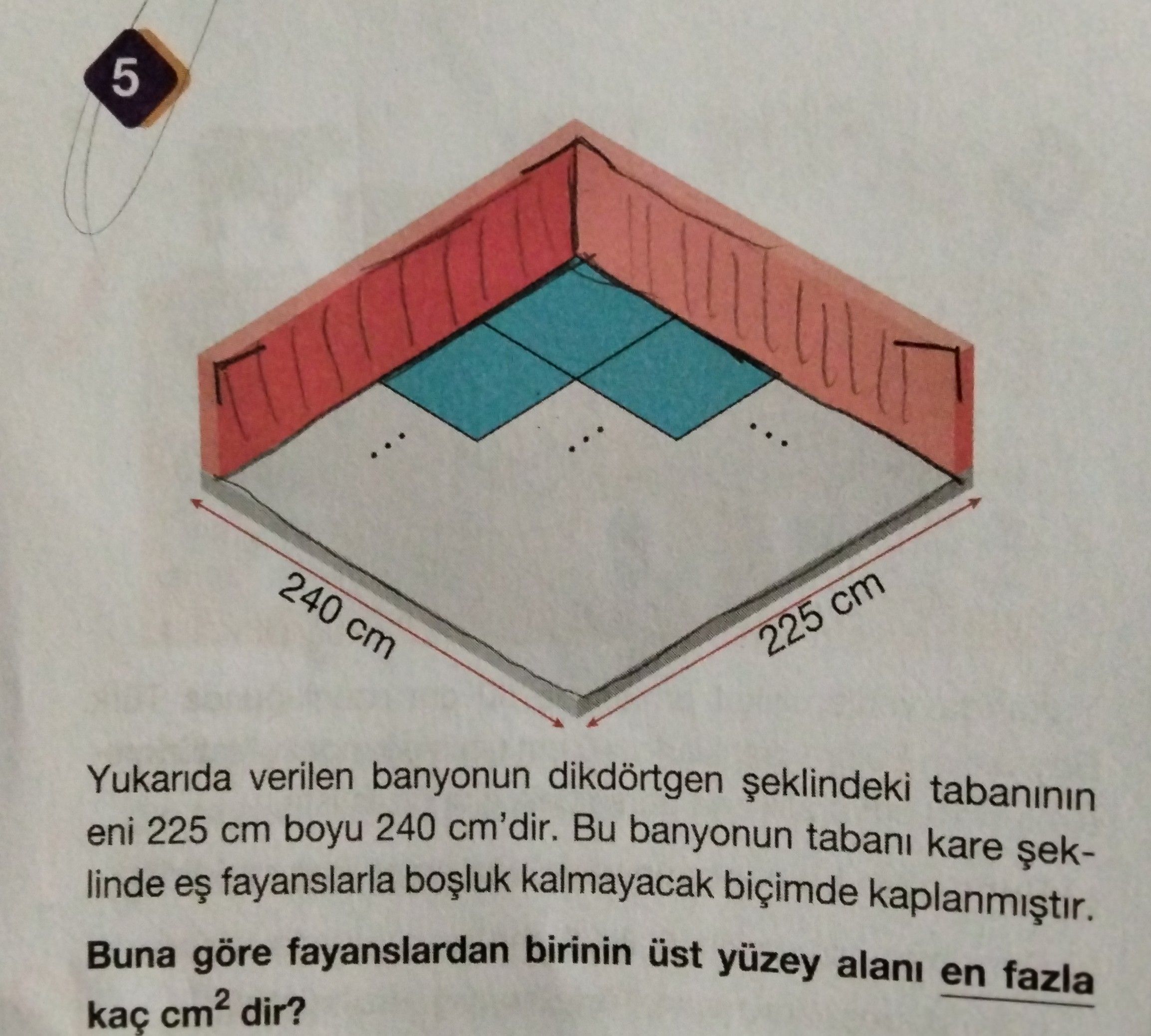 Yukarıda verilen banyonun dikdörtgen şeklindeki tabanının eni 225 cm boyu 240 cm'dir. Bu banyonun