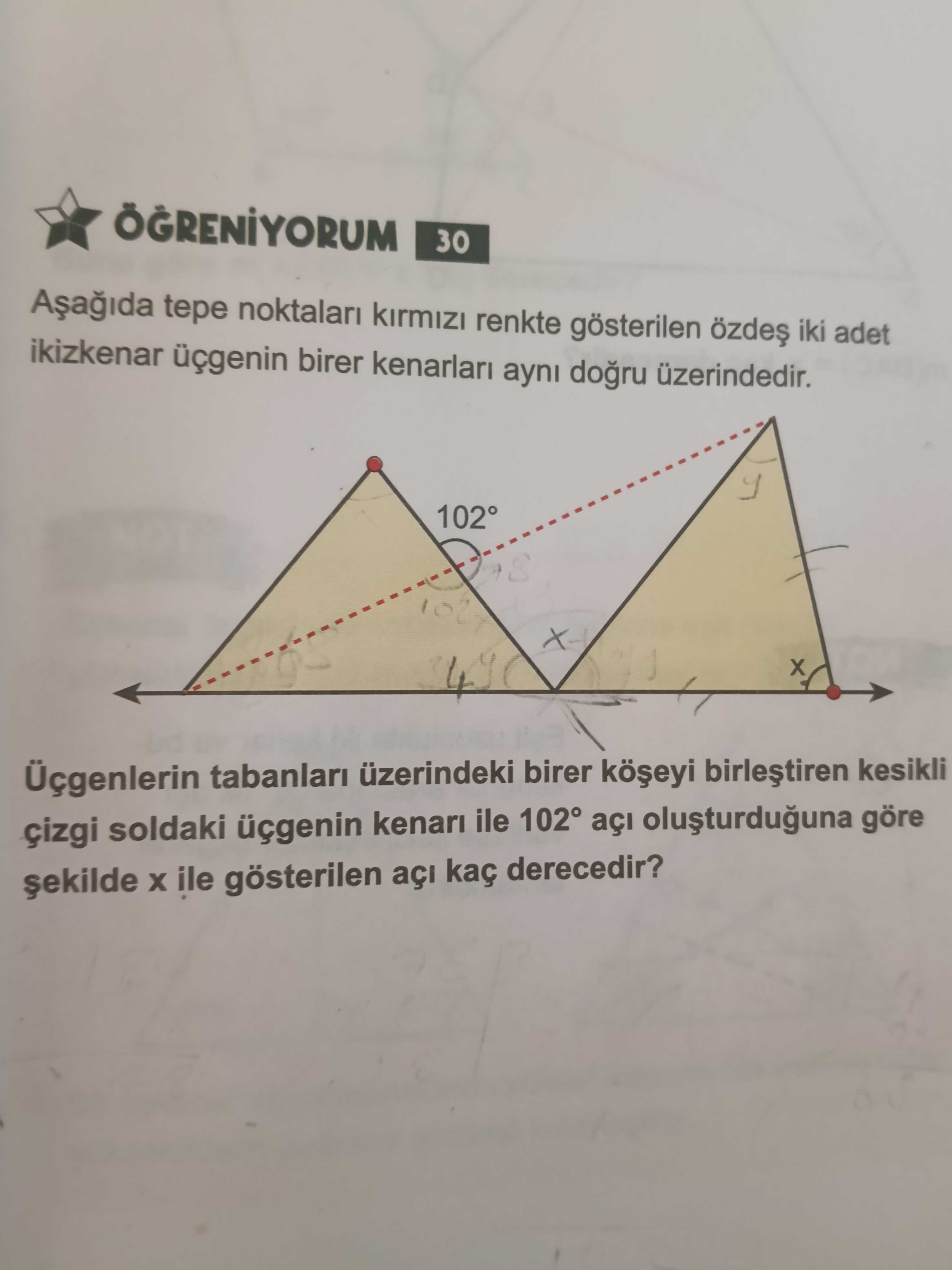 Aşağıda tepe noktaları kırmızı renkte gösterilen özdeş iki adet ikizkenar üçgenin birer kenarları