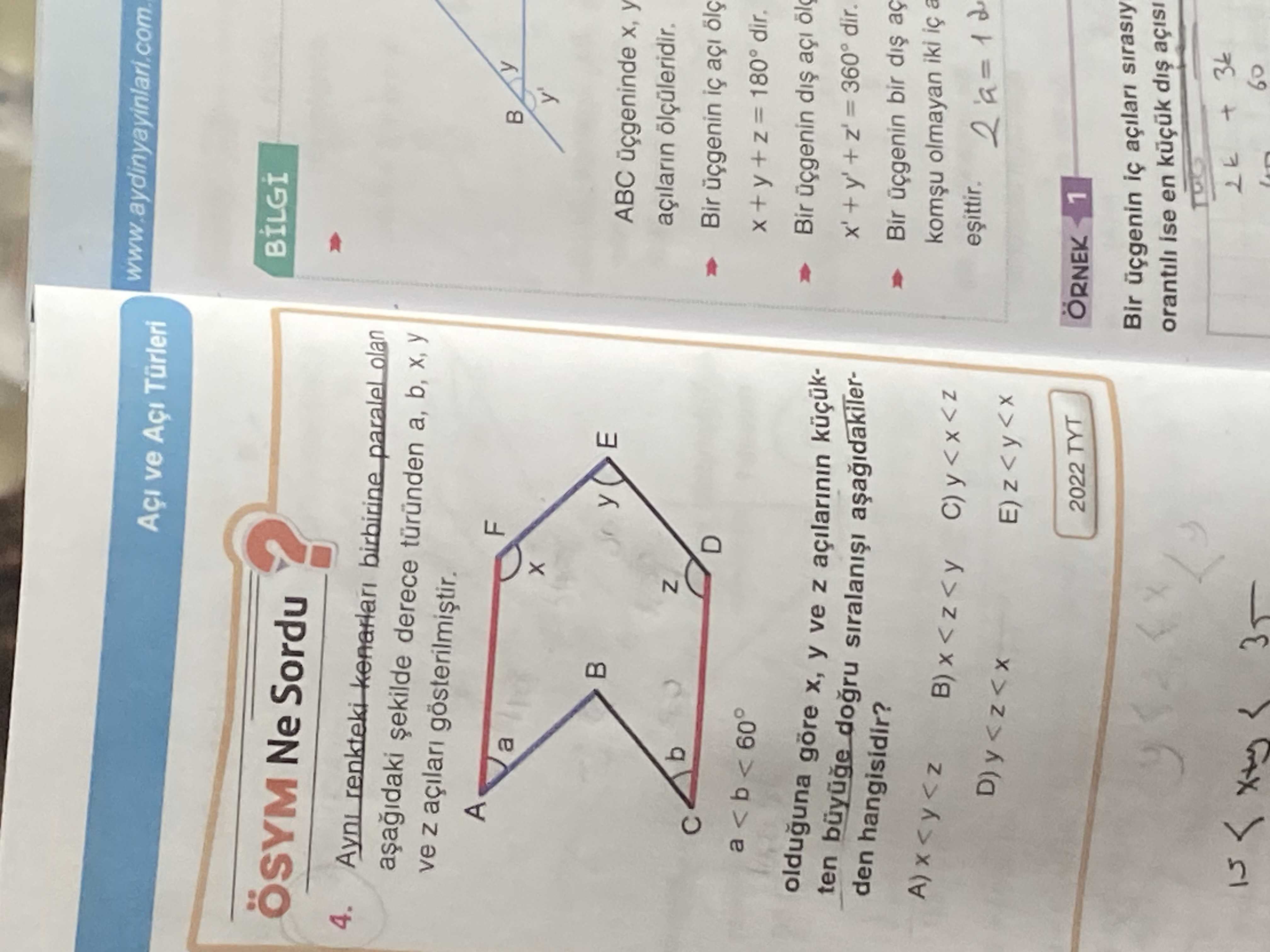 Aynı renkteki kenarları birbirine paralel olan aşağıdaki şekilde derece türünden a, b, x, y ve z