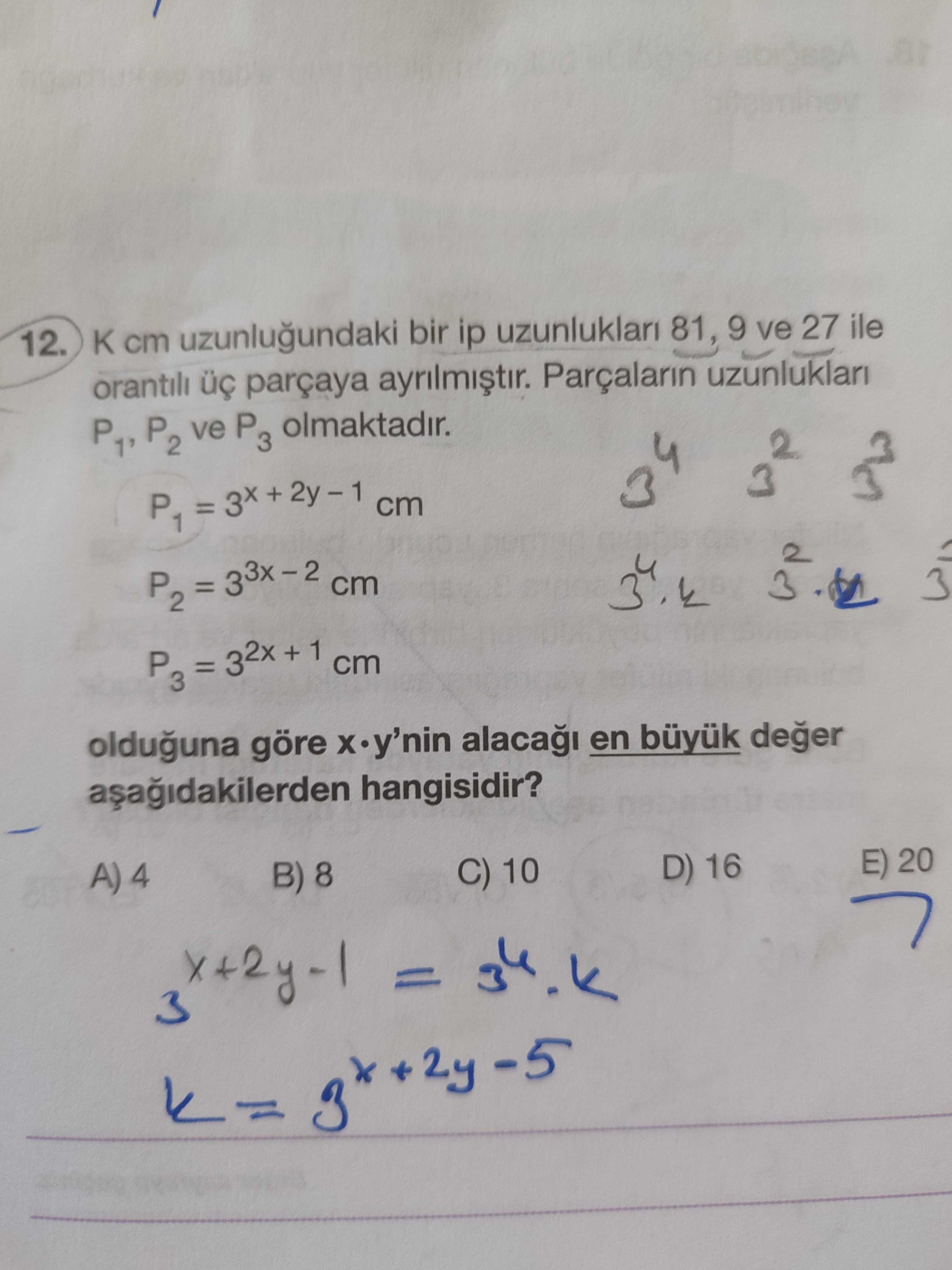 K cm uzunluğundaki bir ip uzunlukları 81, 9 ve 27 ile orantılı üç parçaya ayrılmıştır. Parçaların