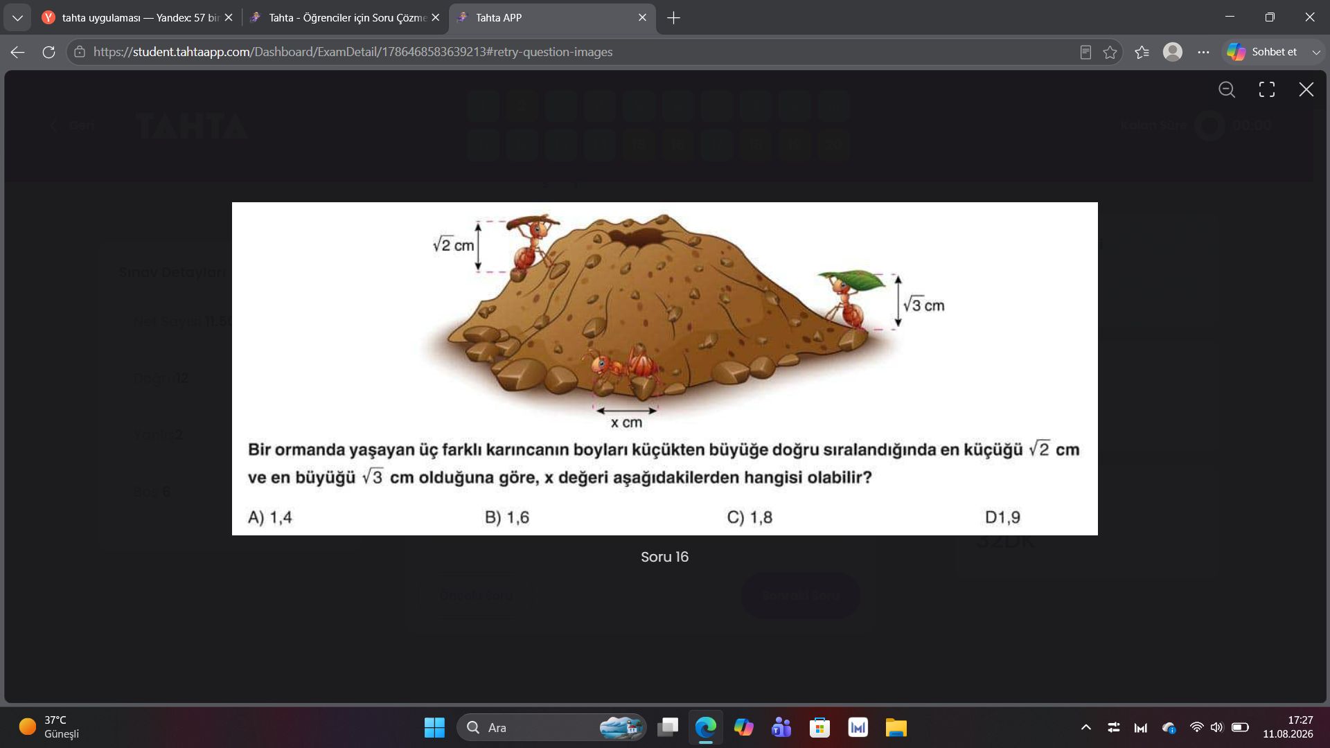 Bir ormanda yaşayan üç farklı karıncanın boyları küçükten büyüğe doğru sıralandığında en küçüğü √2