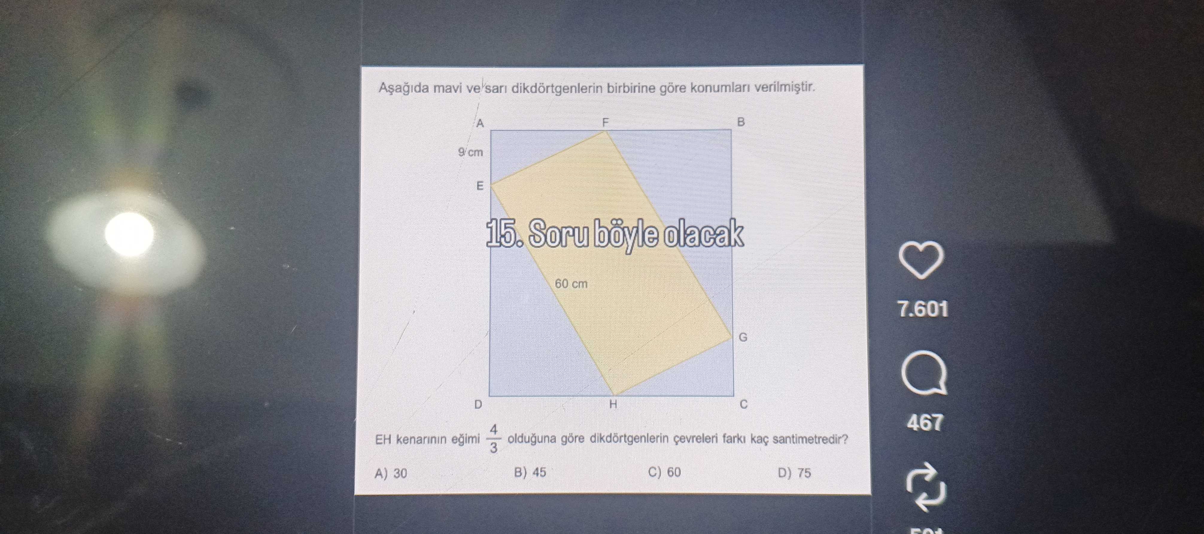 Aşağıda mavi ve sarı dikdörtgenlerin birbirine göre konumları verilmiştir. EH kenarının eğimi 4/3