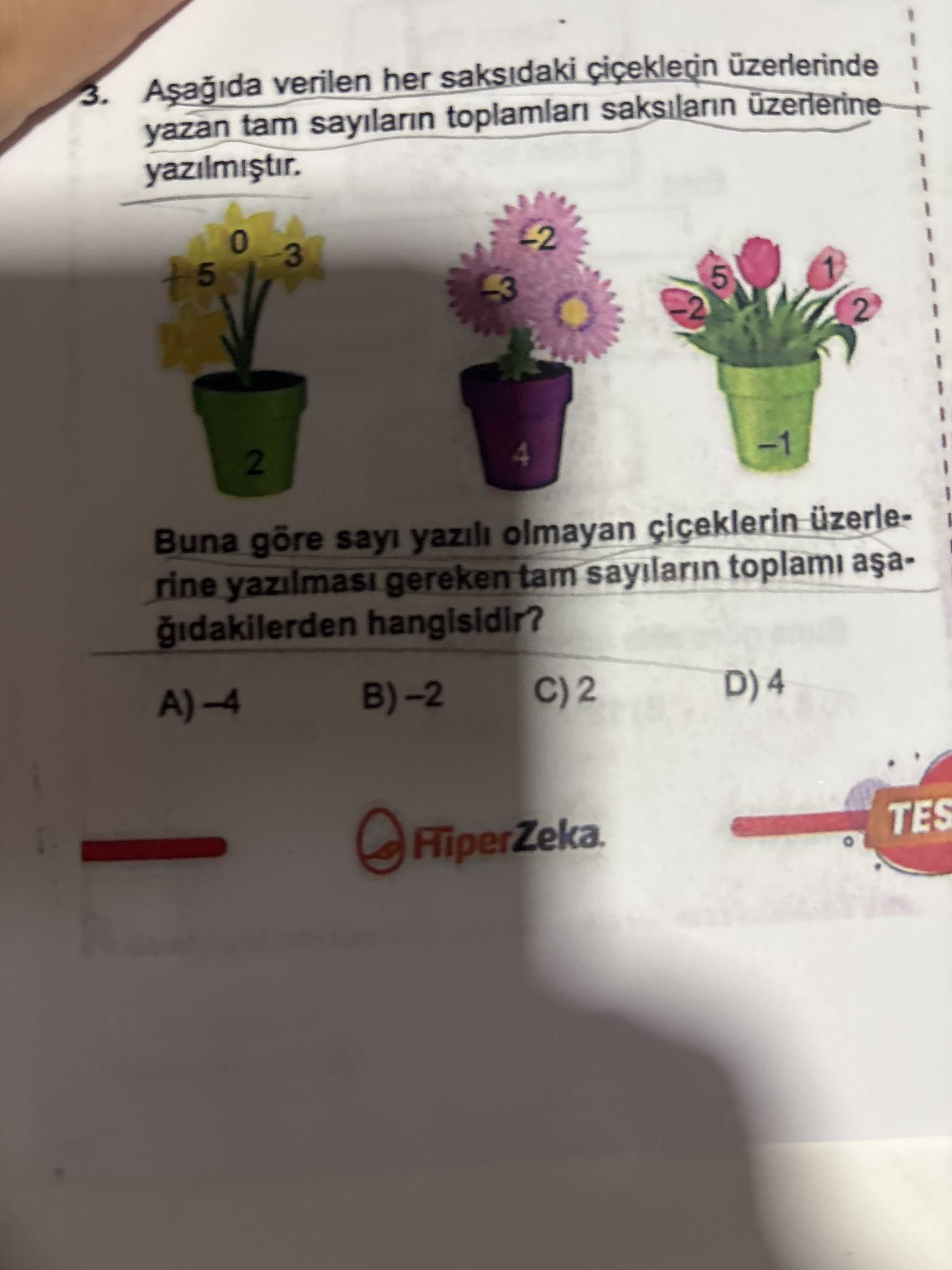 3. verilen her saksidaki üzerlerinde yazan tam sayilarin üzerlerine 3 5 1 5 2 4 Buna göre sayi yazili olmayan üzerlerine yazilmasi gereken tam sayilarin toplami hangisidir. A)-4 B)-2 TES HiperZeka. ?? Model.Question.title