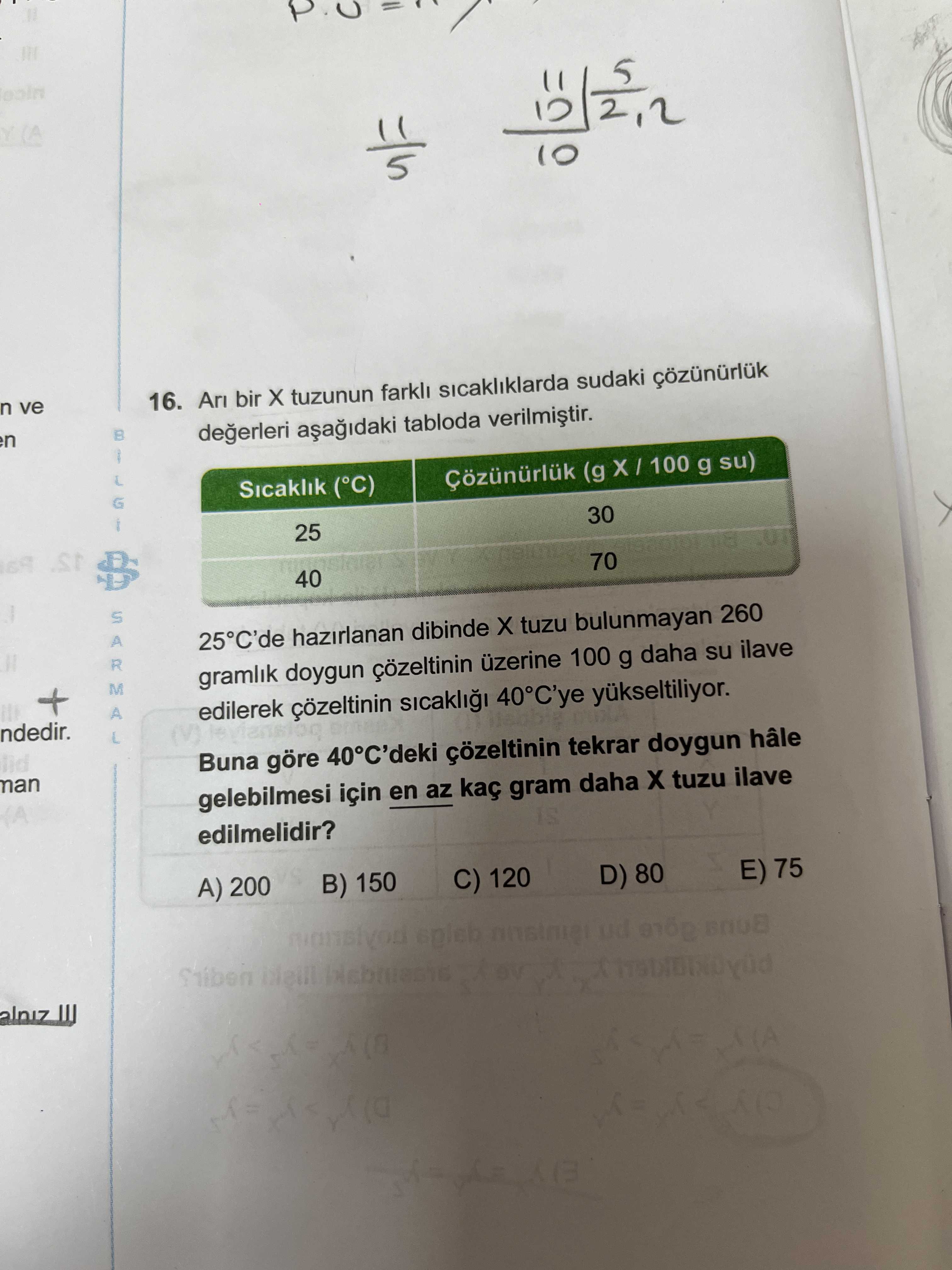 Arı bir X tuzunun farklı sıcaklıklarda sudaki çözünürlük değerleri aşağıdaki tabloda verilmiştir