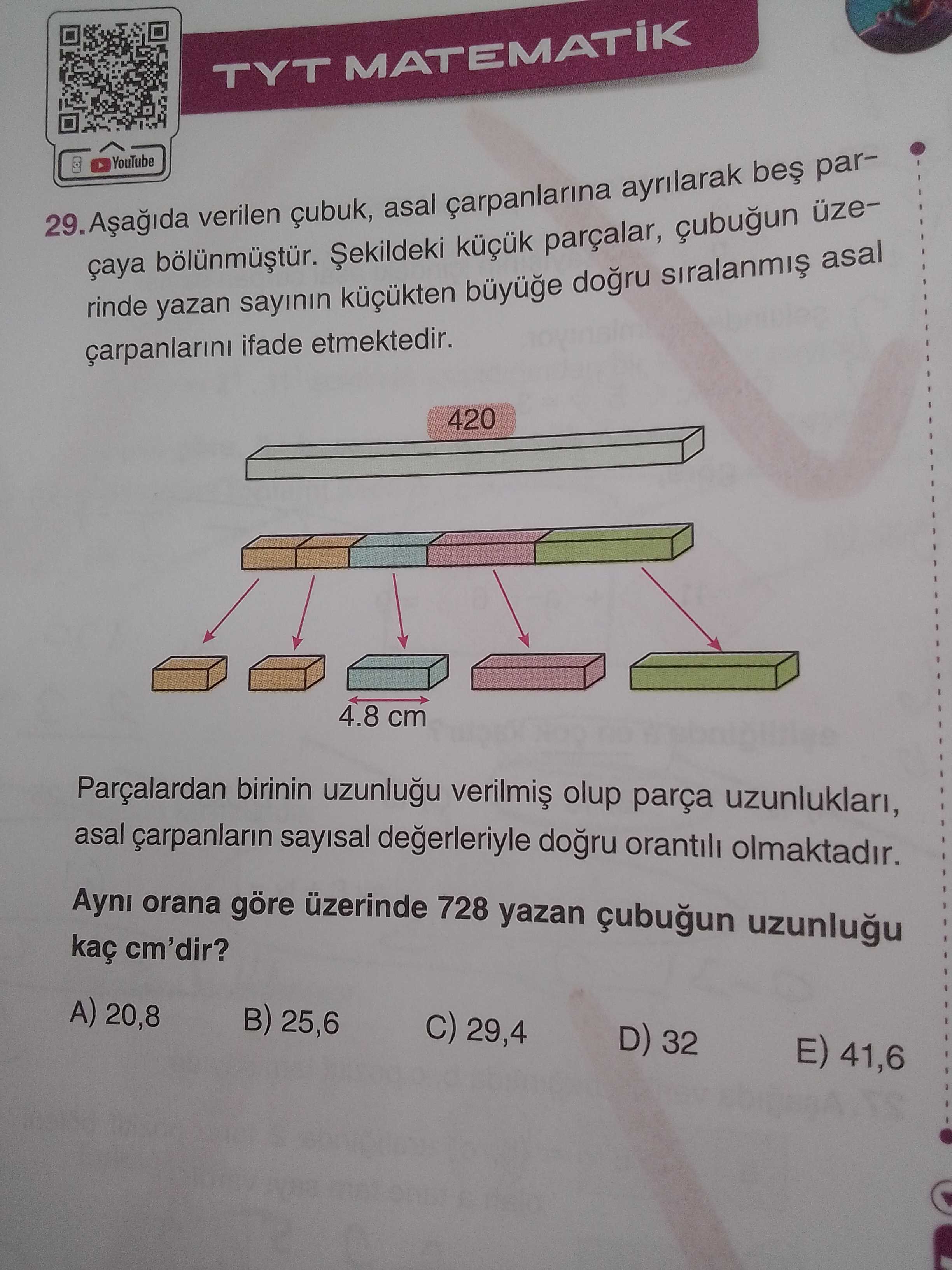 Aşağıda verilen çubuk, asal çarpanlarına ayrılarak beş parçaya bölünmüştür. Şekildeki küçük