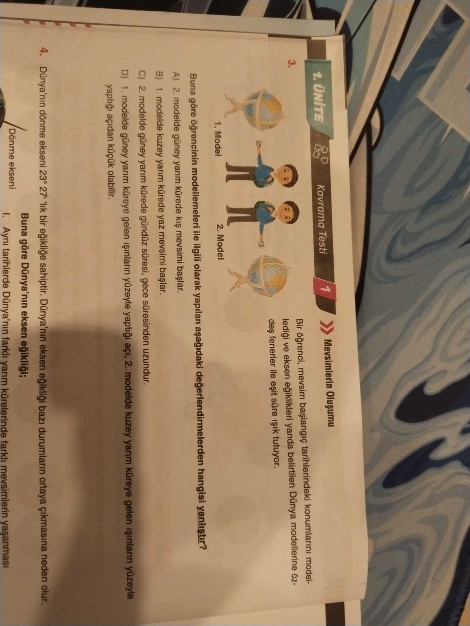 Bir öğrenci, mevsim başlangıç tarihlerindeki konumlarını modelleldiği ve eksen eğiklikleri yanda