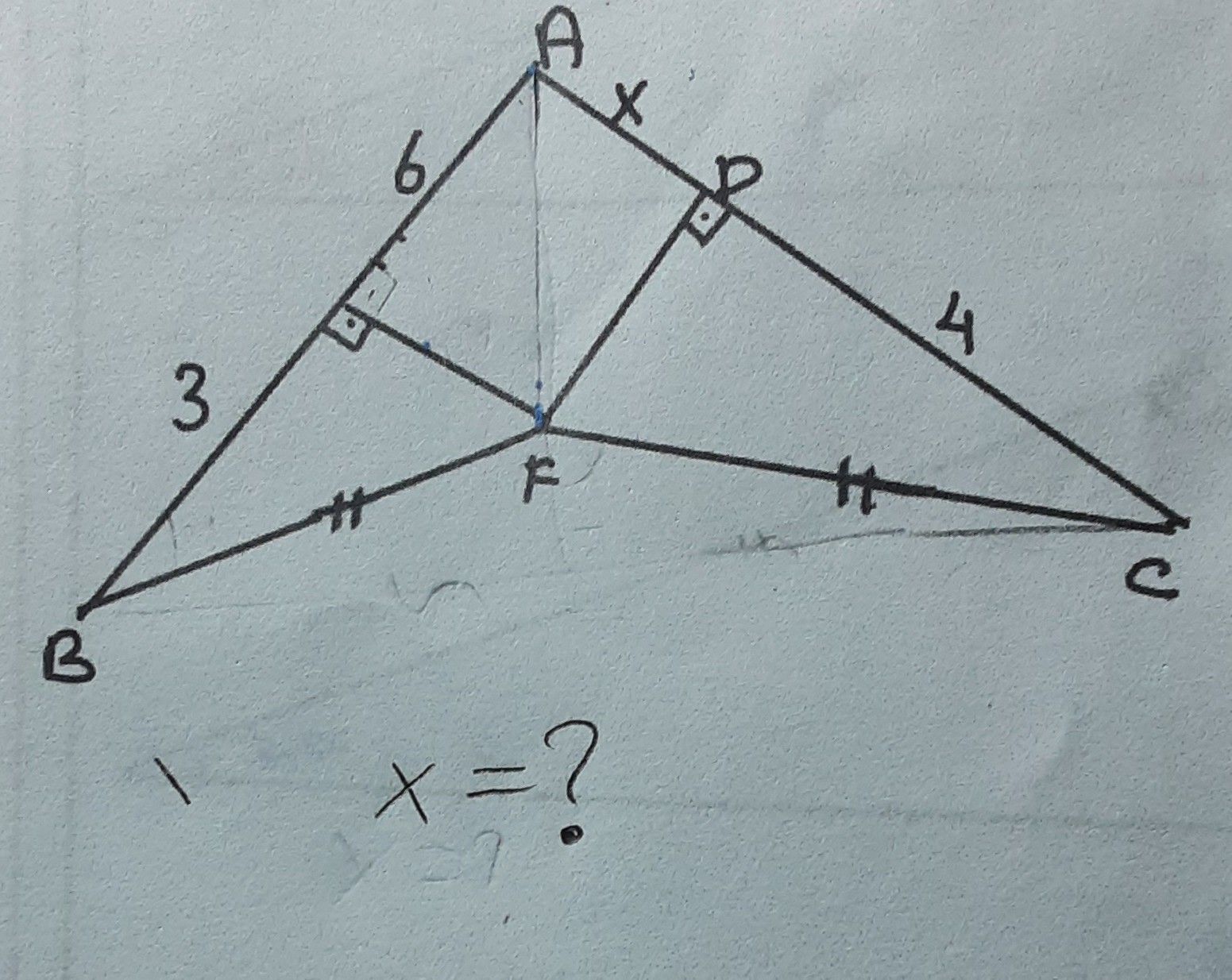 ABC üçgeninde F noktası, BF = FC (F, BC'nin orta noktası) olacak şekilde işaretlenmiştir. A