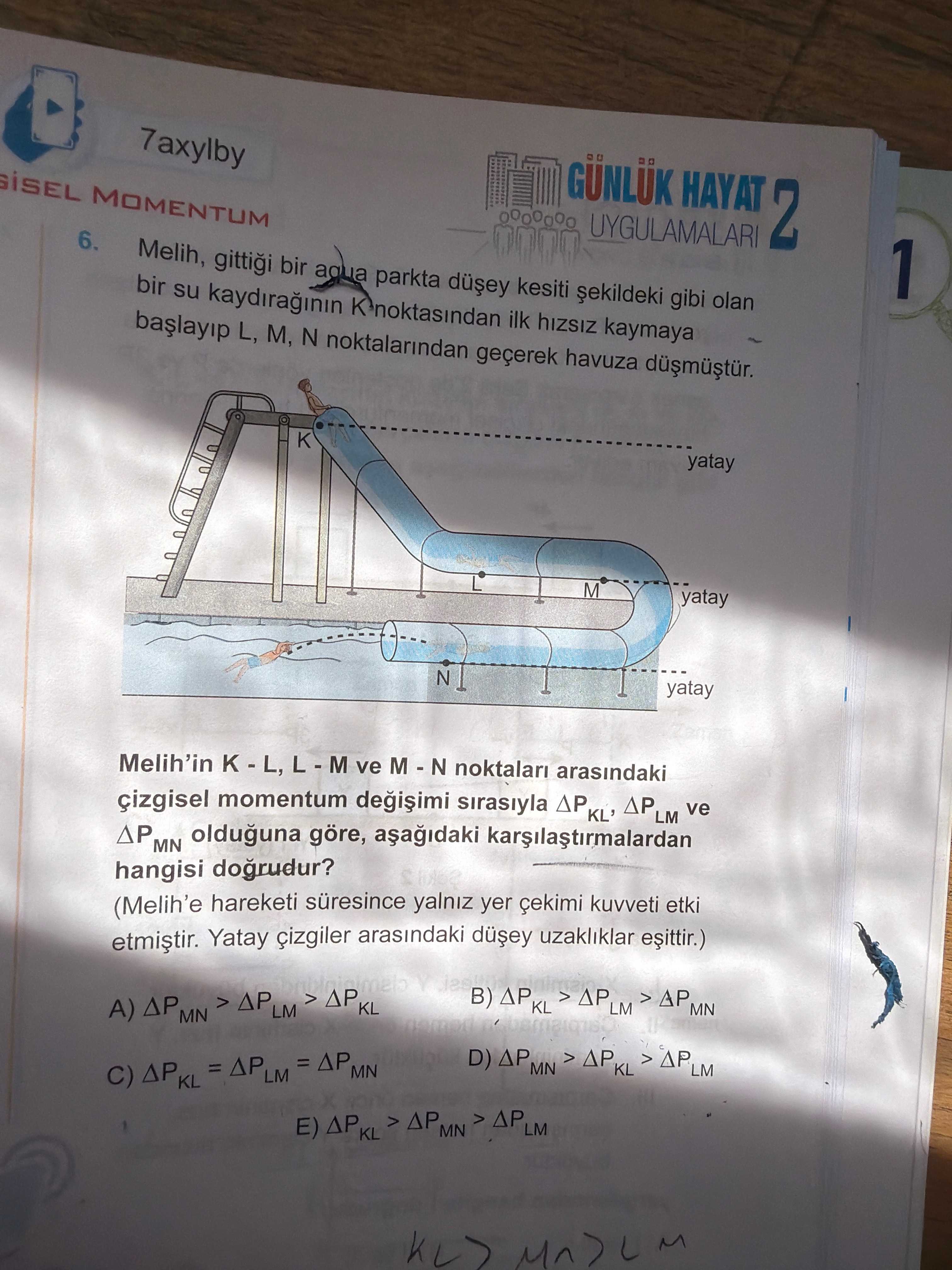 Melih, gittiği bir aqua parkta düşey kesiti şekildeki gibi olan bir su kaydırağının K noktasından