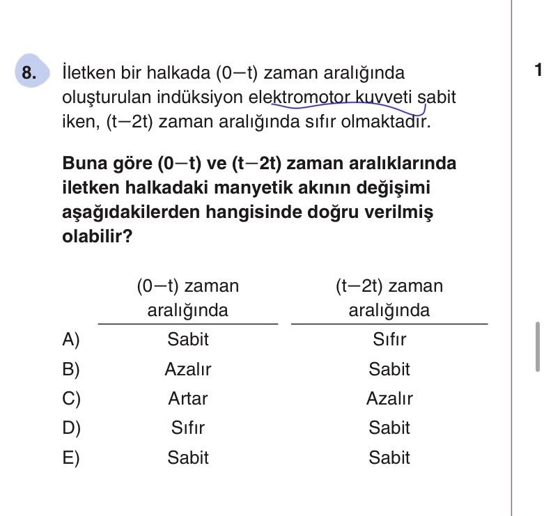 İletken bir halkada (0–t) zaman aralığında oluşturulan indüksiyon elektromotor kuvveti sabit iken