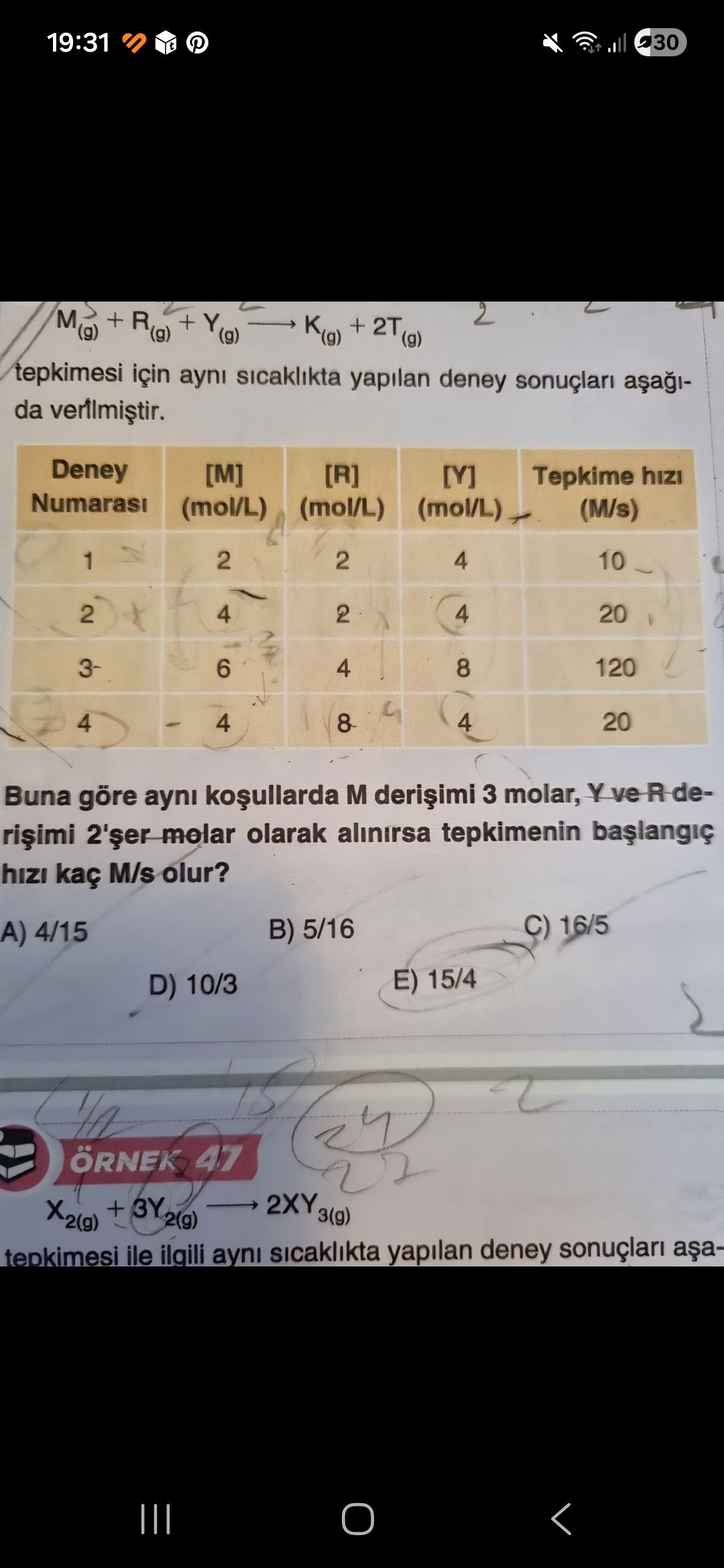 , [R], [Y] konsantrasyonları (mol/L) ile tepkime hızı (M/s) değerlerini gösteren 4 satırlık deney
