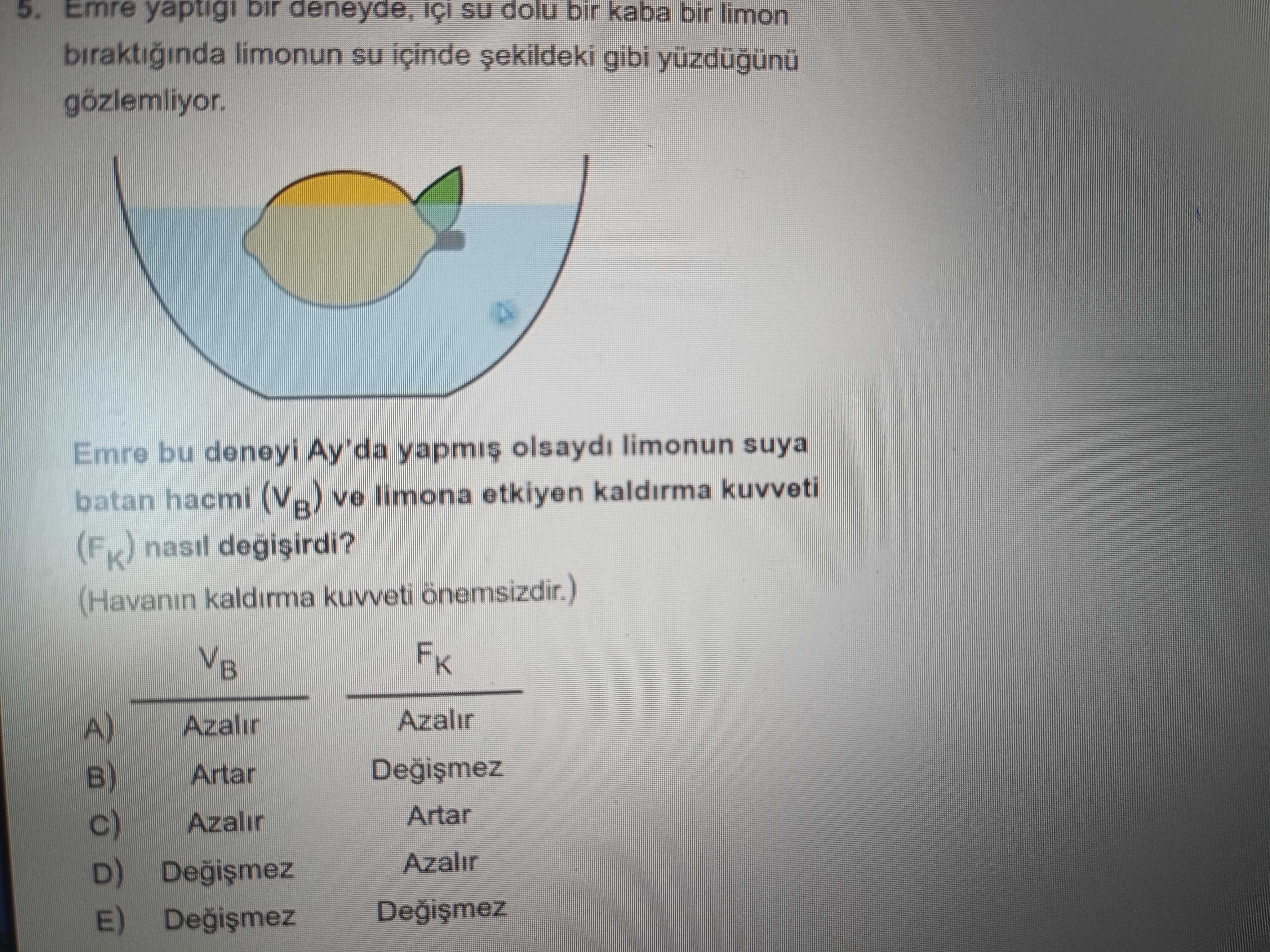 Emre yaptığı bir deneyde, içi su dolu bir kaba bir limon bıraktığında limonun su içinde şekildeki