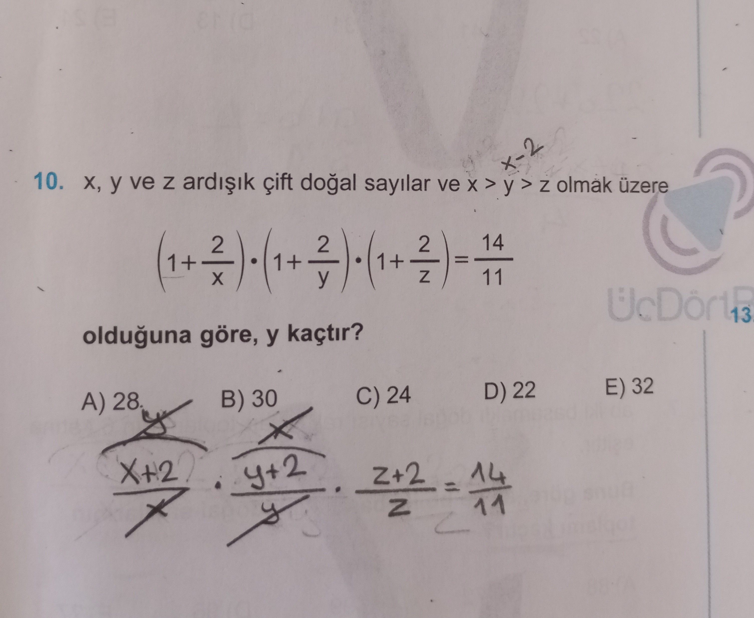 x, y ve z ardışık çift doğal sayılar ve x > y > z olmak üzere (1 + 2/x) · (1 + 2/y) · (1 + 2/z) =