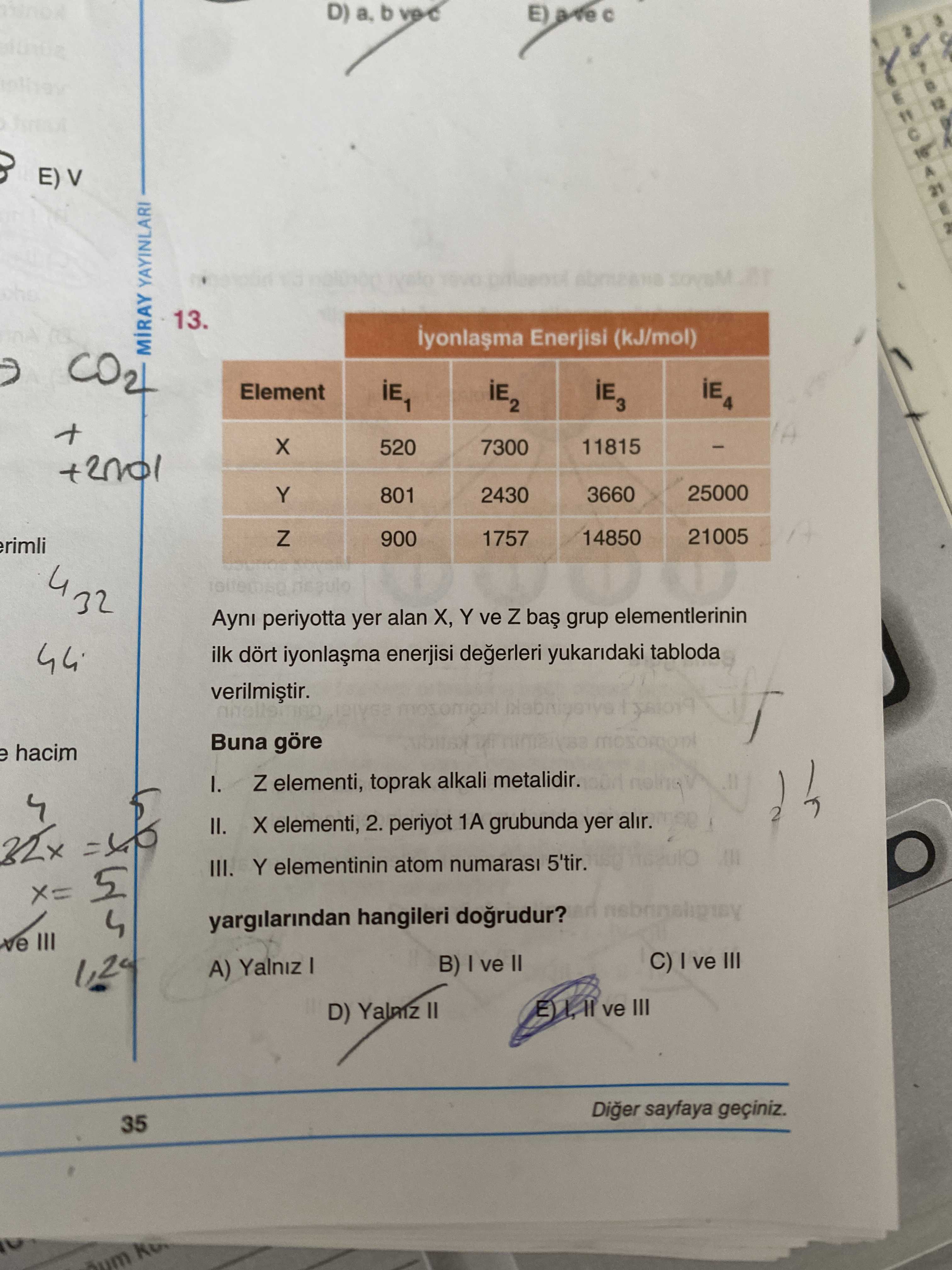 Aynı periyotta yer alan X, Y ve Z baş grup elementlerinin ilk dört iyonlaşma enerjisi değerleri