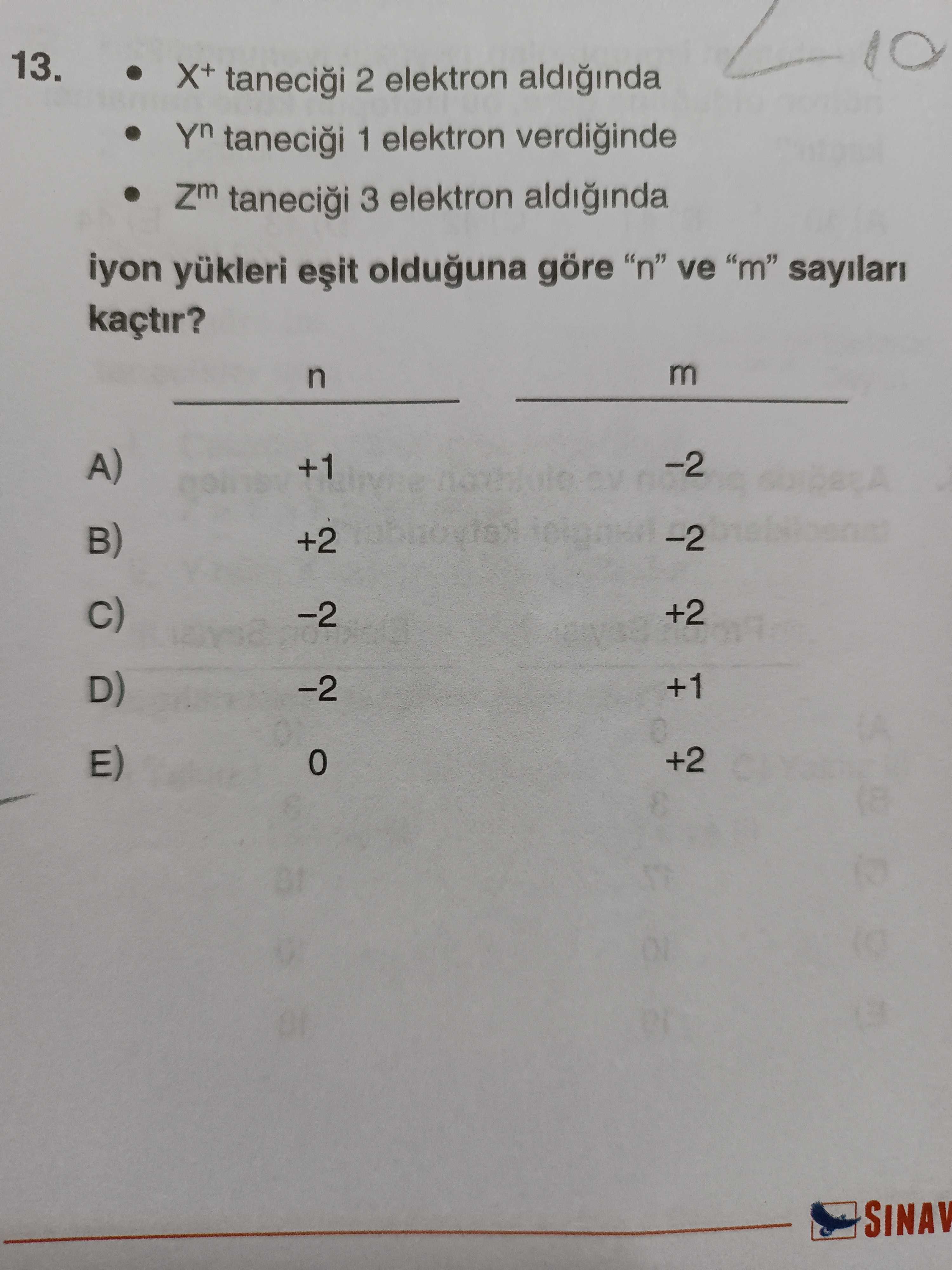 10 13. X+ 2 elektron Yn 1 elektron Zm 3 elektron iyon yükleri olduguna göre \ ve \ sayilari kaçtir. m n A) +1 B) +2 D) E) +2 +1 +2 SINAV 10 13. m n A) +1 B) +2 D) E) +2 +1 +2 SINAV. ?? Model.Question.title