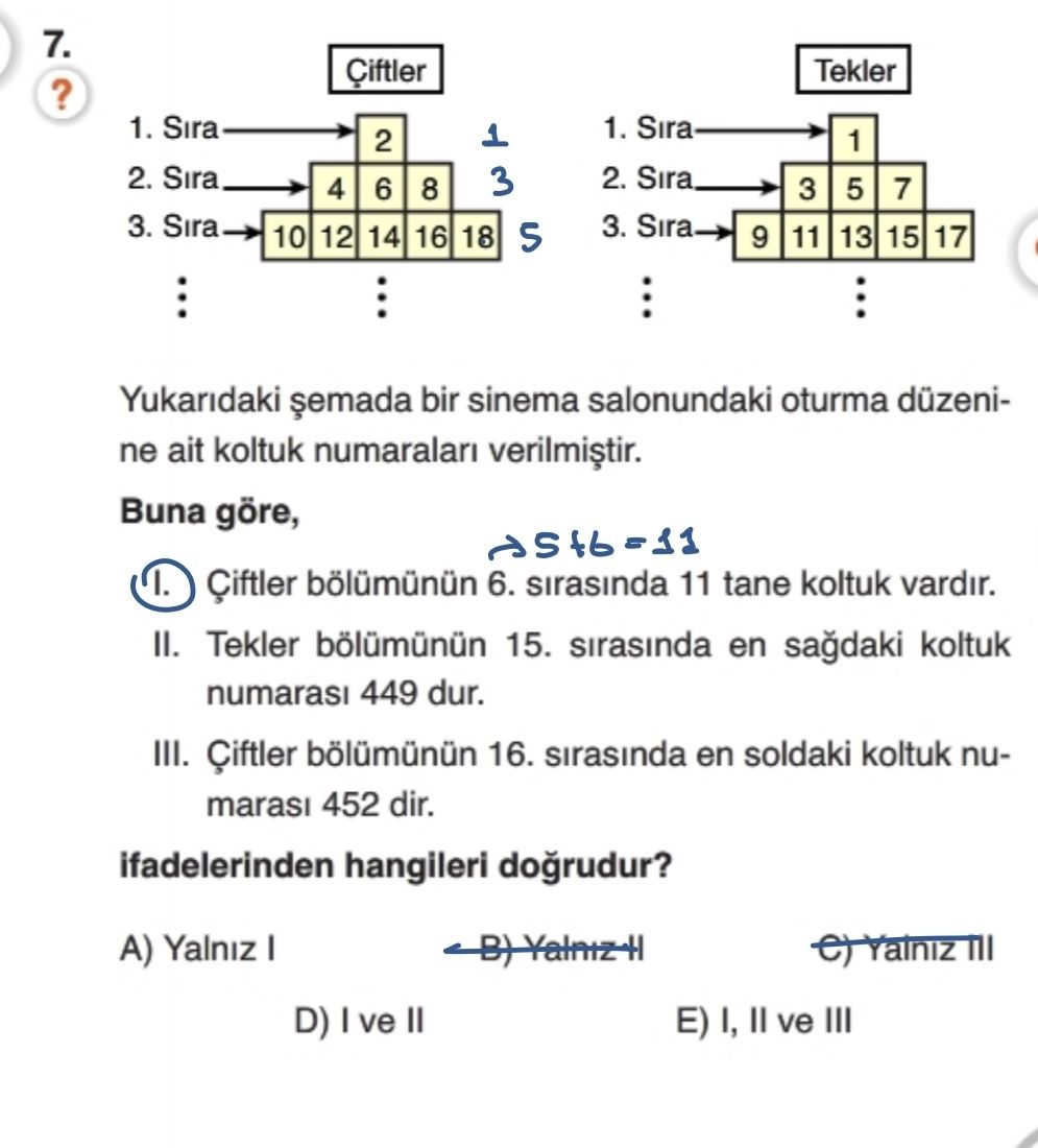 Yukarıdaki şemada bir sinema salonundaki oturma düzenine ait koltuk numaraları verilmiştir. Buna