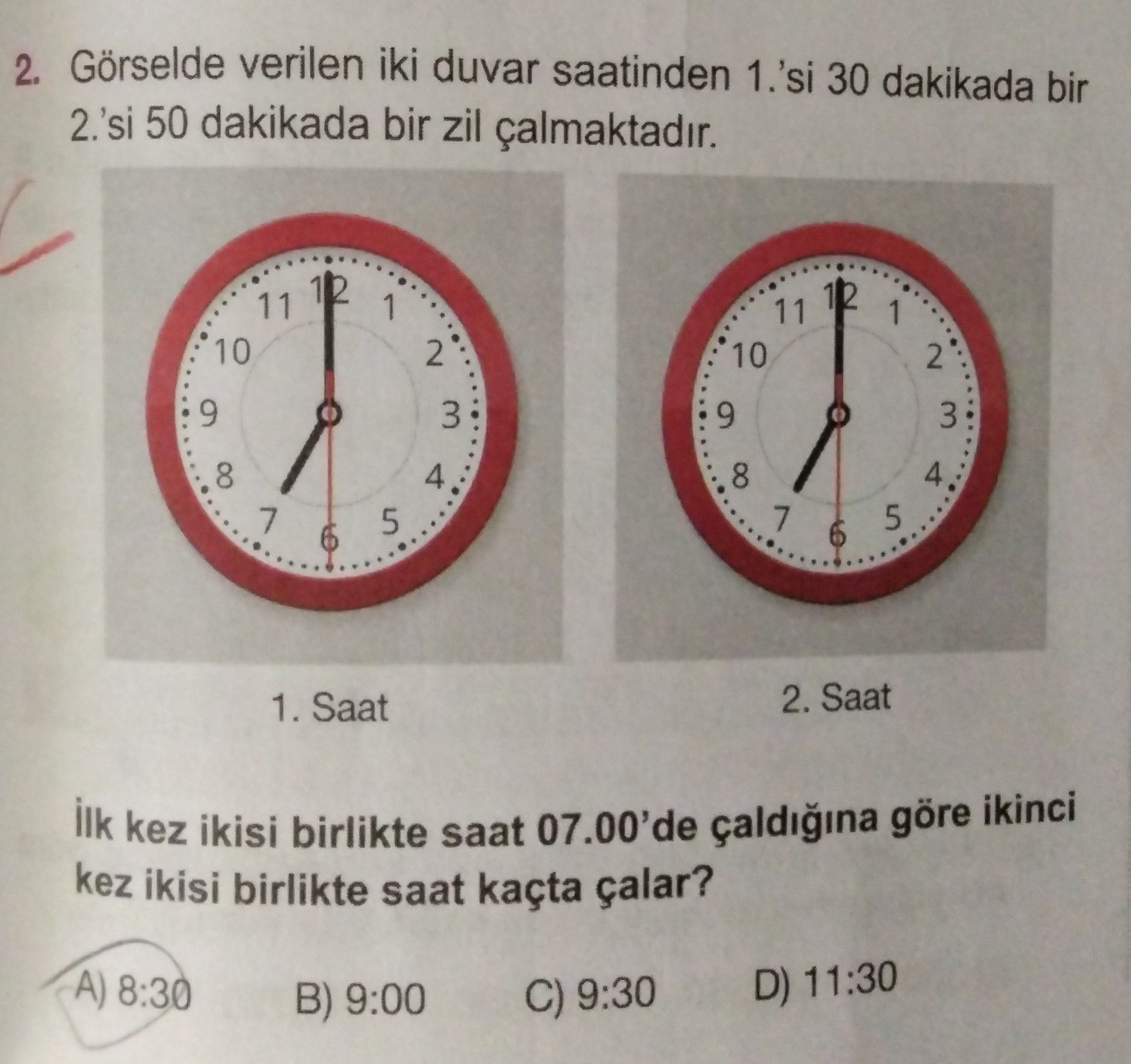 Görselde verilen iki duvar saatinden 1.'si 30 dakikada bir 2.'si 50 dakikada bir zil çalmaktadır
