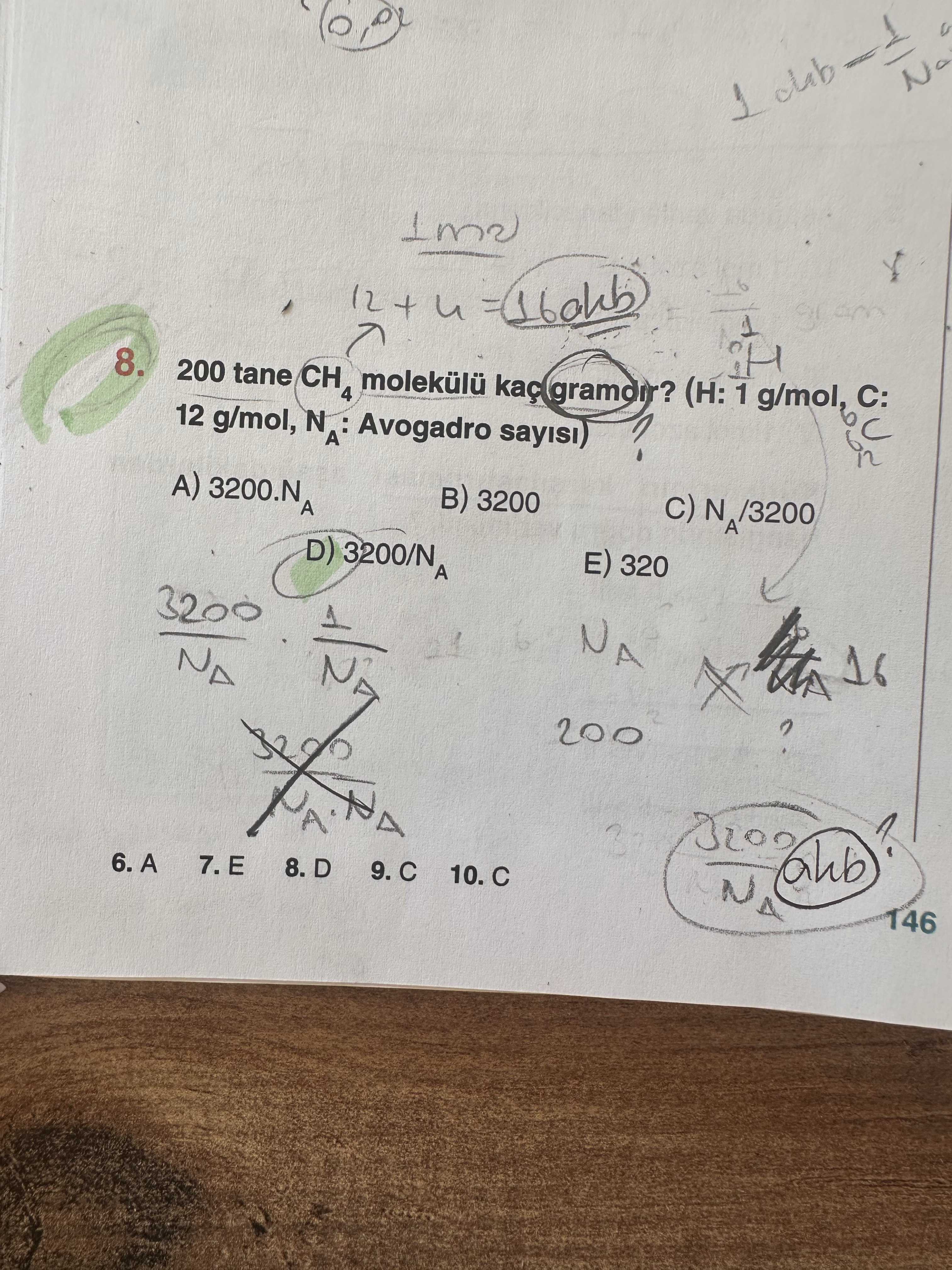 200 tane CH₄ molekülü kaç gramdır? (H: 1 g/mol, C: 12 g/mol, Nₐ: Avogadro sayısı)