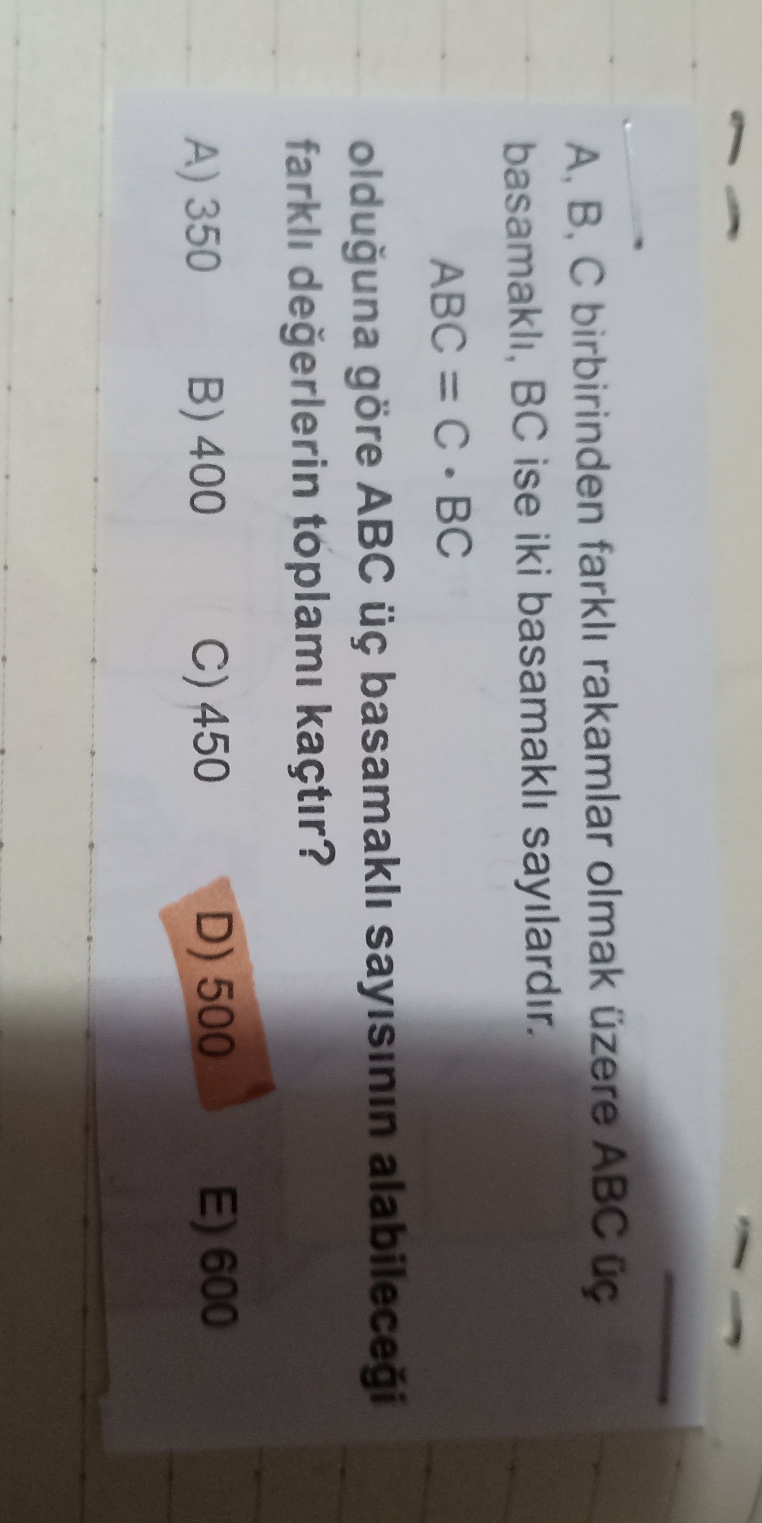 A, B, C birbirinden farklı rakamlar olmak üzere ABC üç basamaklı, BC ise iki basamaklı sayılardır