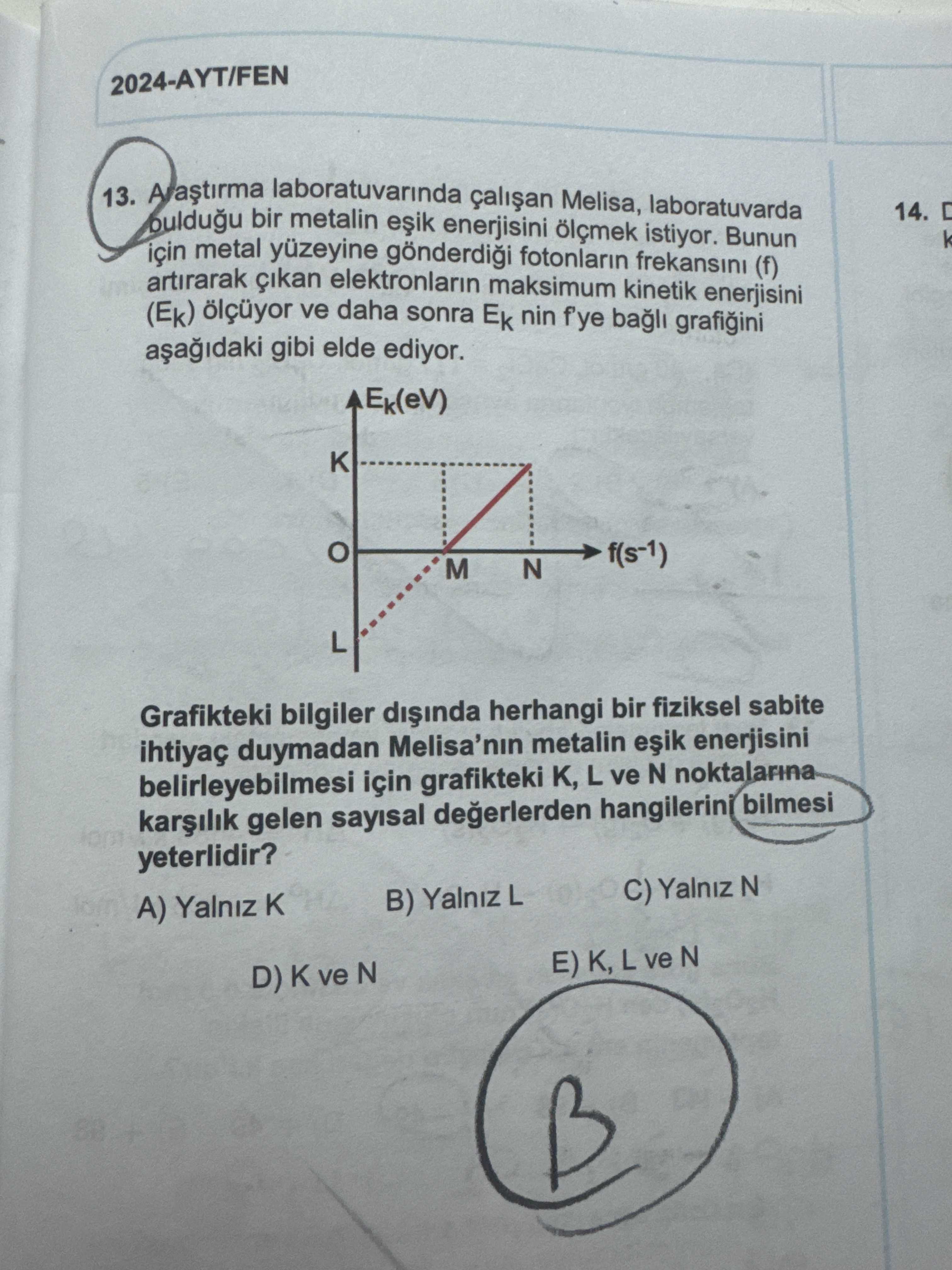 Araştırma laboratuvarında çalışan Melisa, laboratuvarda bulduğu bir metalin eşik enerjisini ölçmek