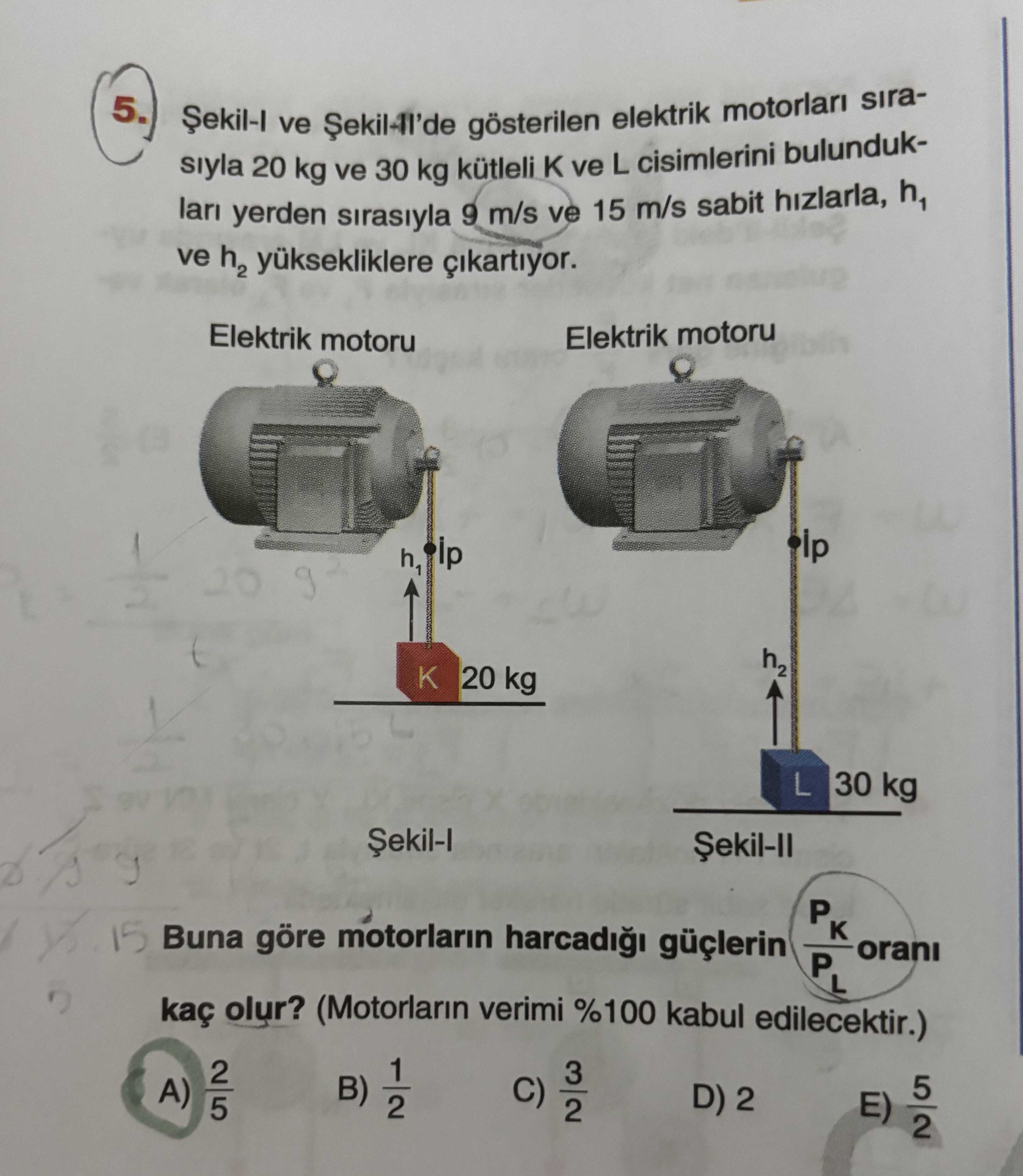 Şekil-I ve Şekil-II'de gösterilen elektrik motorları sırasıyla 20 kg ve 30 kg kütleli K ve L