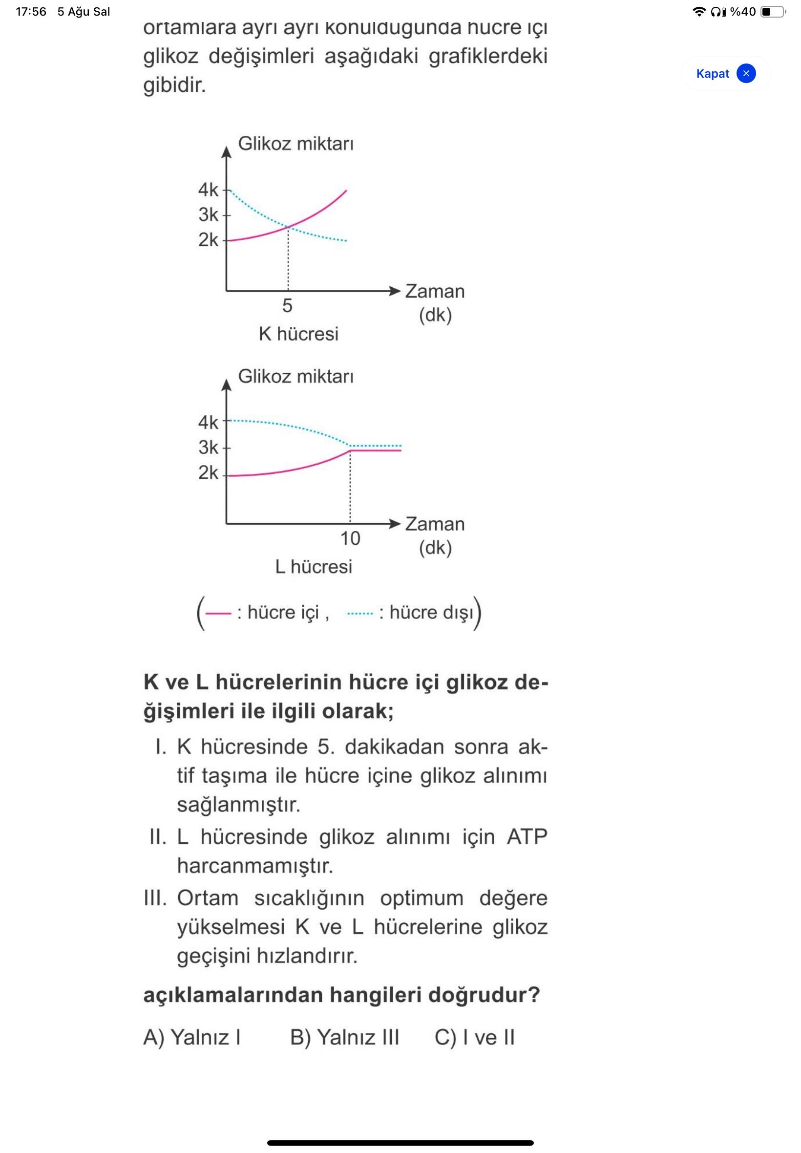 17:56 5 Sal %40 ortamiara ayri nucre IÇI glikoz grafiklerdeki Kapat gibidir. Glikoz miktari 4k 3k 2k Zaman 5 (dk) hücresi Glikoz miktari 4k 3k 2k Zaman 10 (dk) L : hücre ve L hücrelerinin hücre içi glikoz deile ilgili olarak; I. hücresinde 5. dakikadan sonra aktif ile hücre içine glikoz alinimi II. hücresinde glikoz alinimi için ATP harcanmamistir. III. Ortam optimum degere yükselmesi ve L hücrelerine glikoz hizlandirir. açiklamalarindan hangileri B) Yalniz III C) ve II A) Yalniz 17:56 5 Sal %40 ortamiara ayri nucre IÇI glikoz grafiklerdeki Kapat gibidir. açiklamalarindan hangileri B) Yalniz III C) ve II A) Yalniz. ?? Model.Question.title