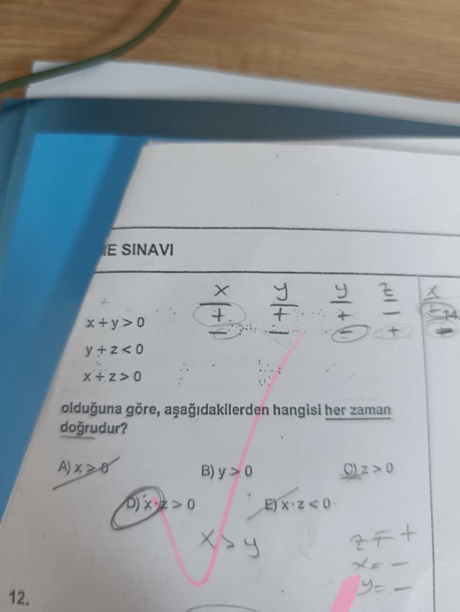 x + y > 0 y + z < 0 x + z > 0 olduğuna göre, aşağıdakilerden hangisi her zaman doğrudur?