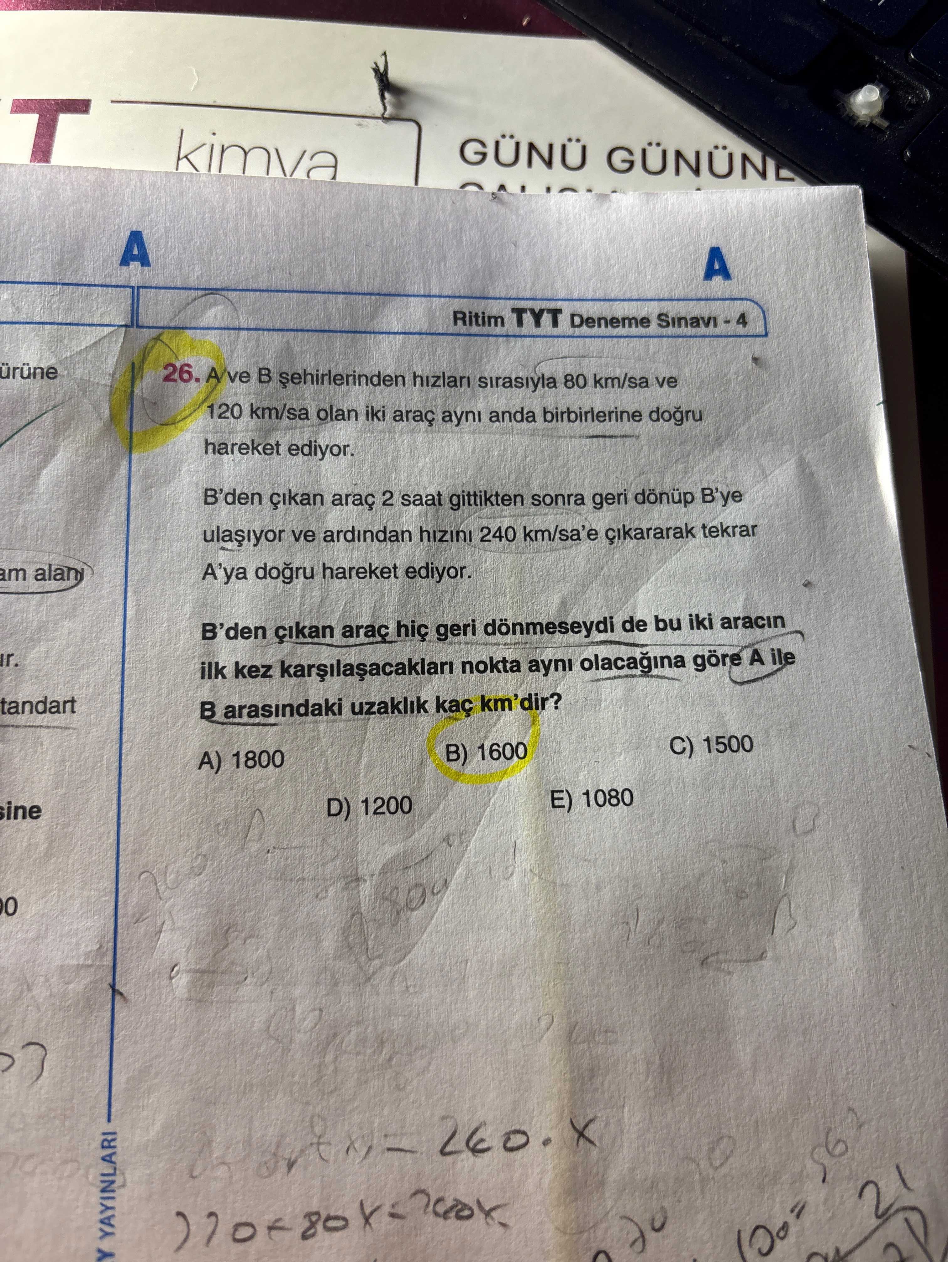 A've B şehirlerinden hızları sırasıyla 80 km/sa ve 120 km/sa olan iki araç aynı anda birbirlerine