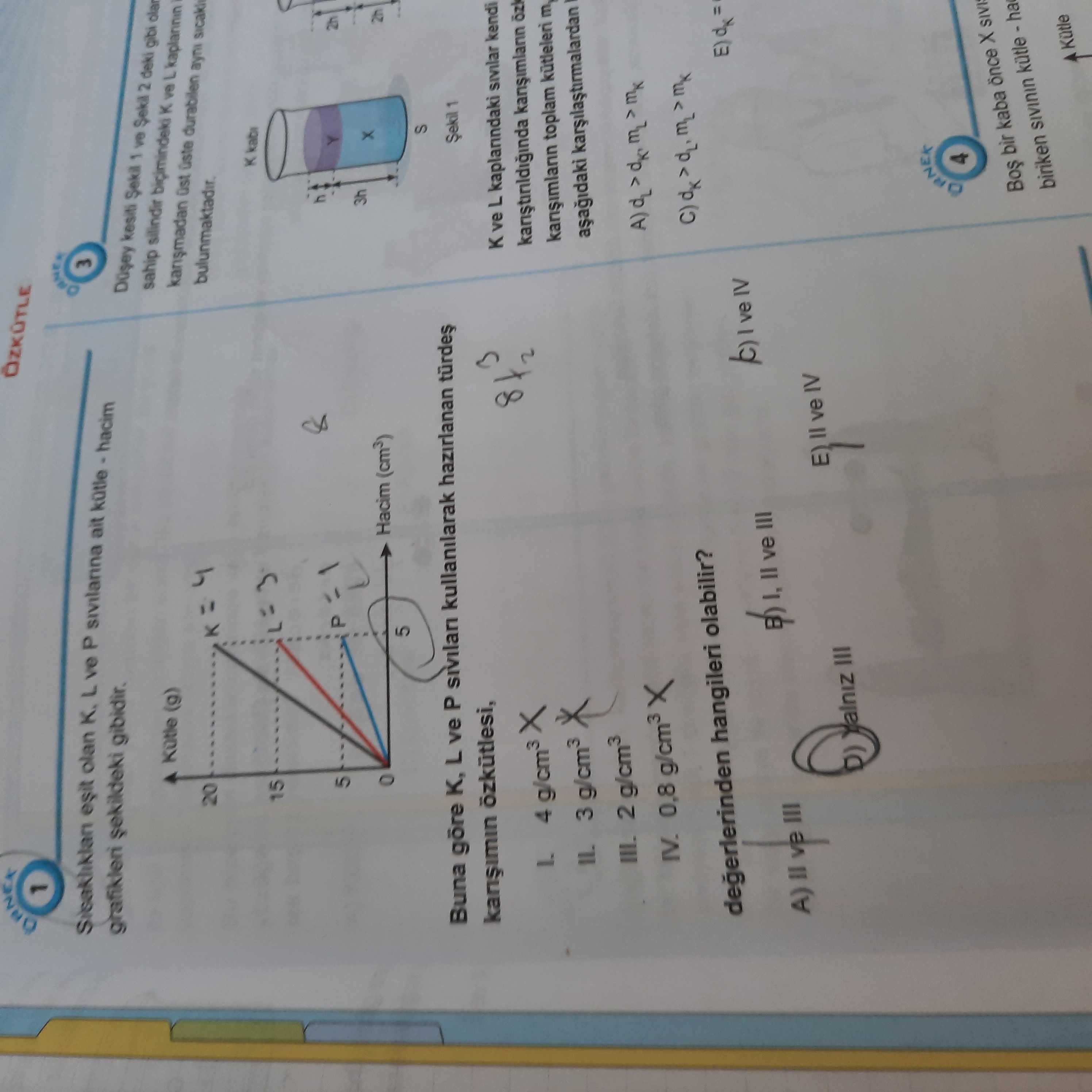 Sıcaklıkları eşit olan K, L ve P sıvılarına ait kütle - hacim grafikleri şekildeki gibidir. Buna