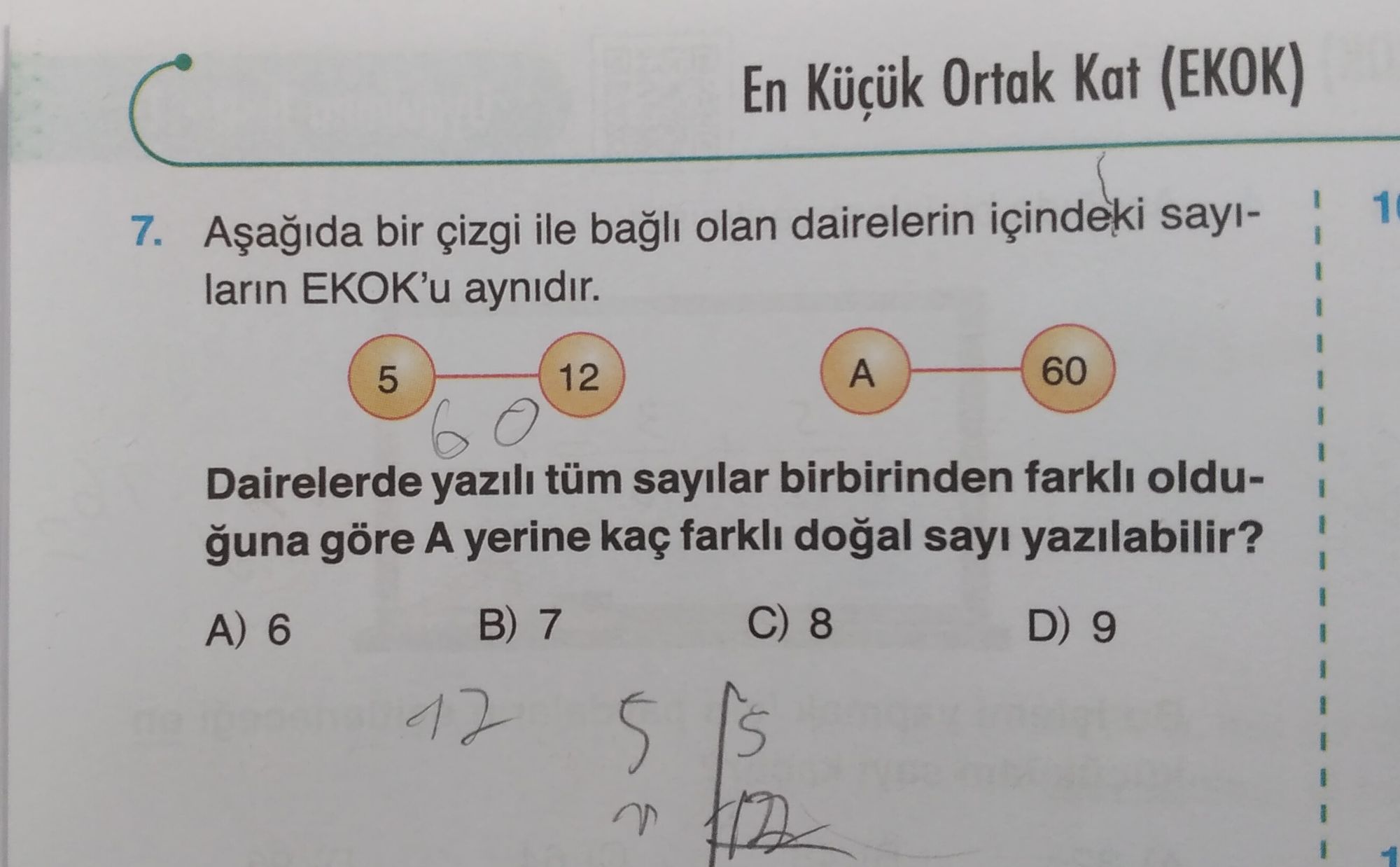 Aşağıda bir çizgi ile bağlı olan dairelerin içindeki sayıların EKOK'u aynıdır. Dairelerde yazılı tüm