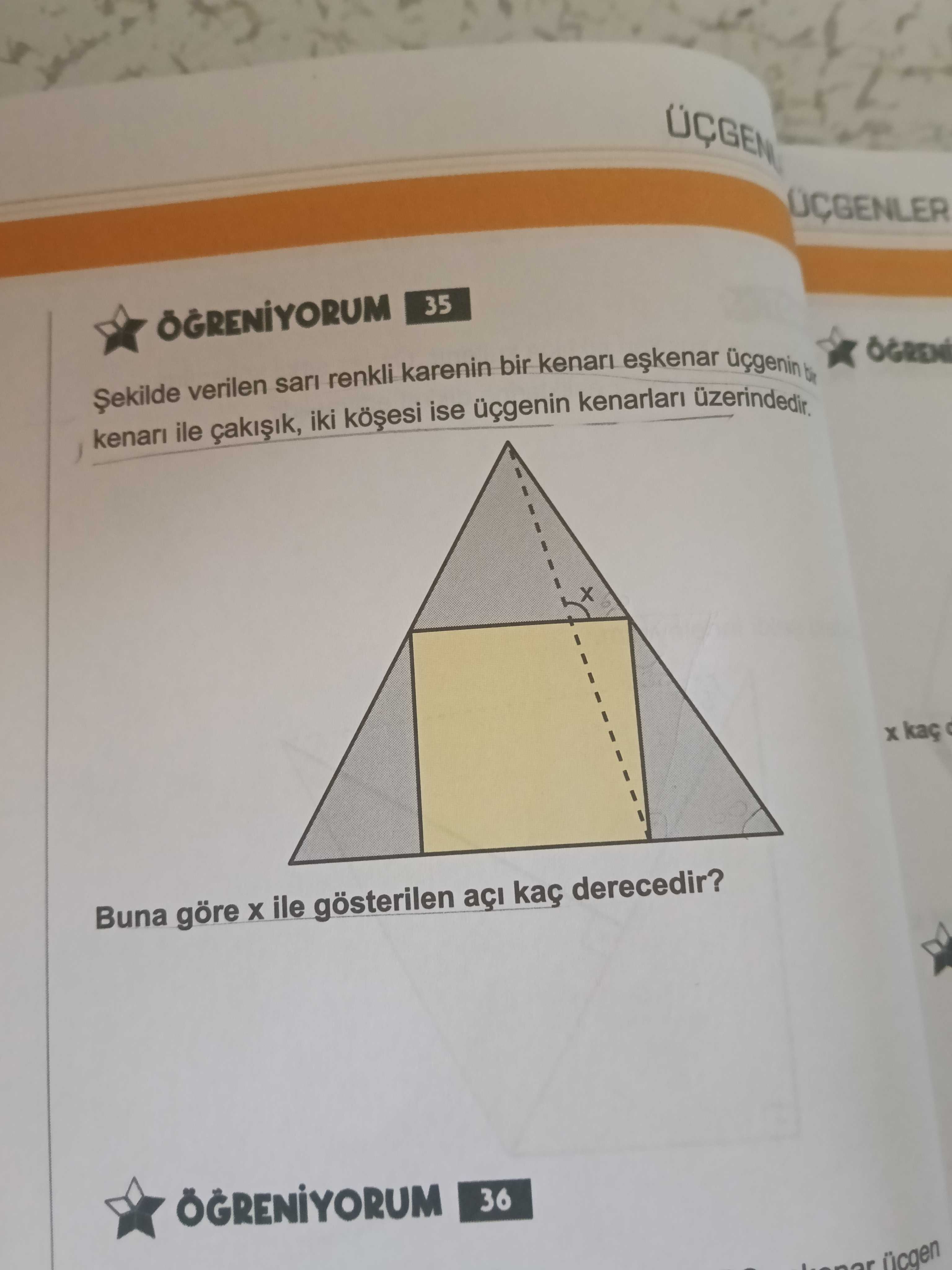 Şekilde verilen sarı renkli karenin bir kenarı eşkenar üçgenin bir kenarı ile çakışık, iki köşesi