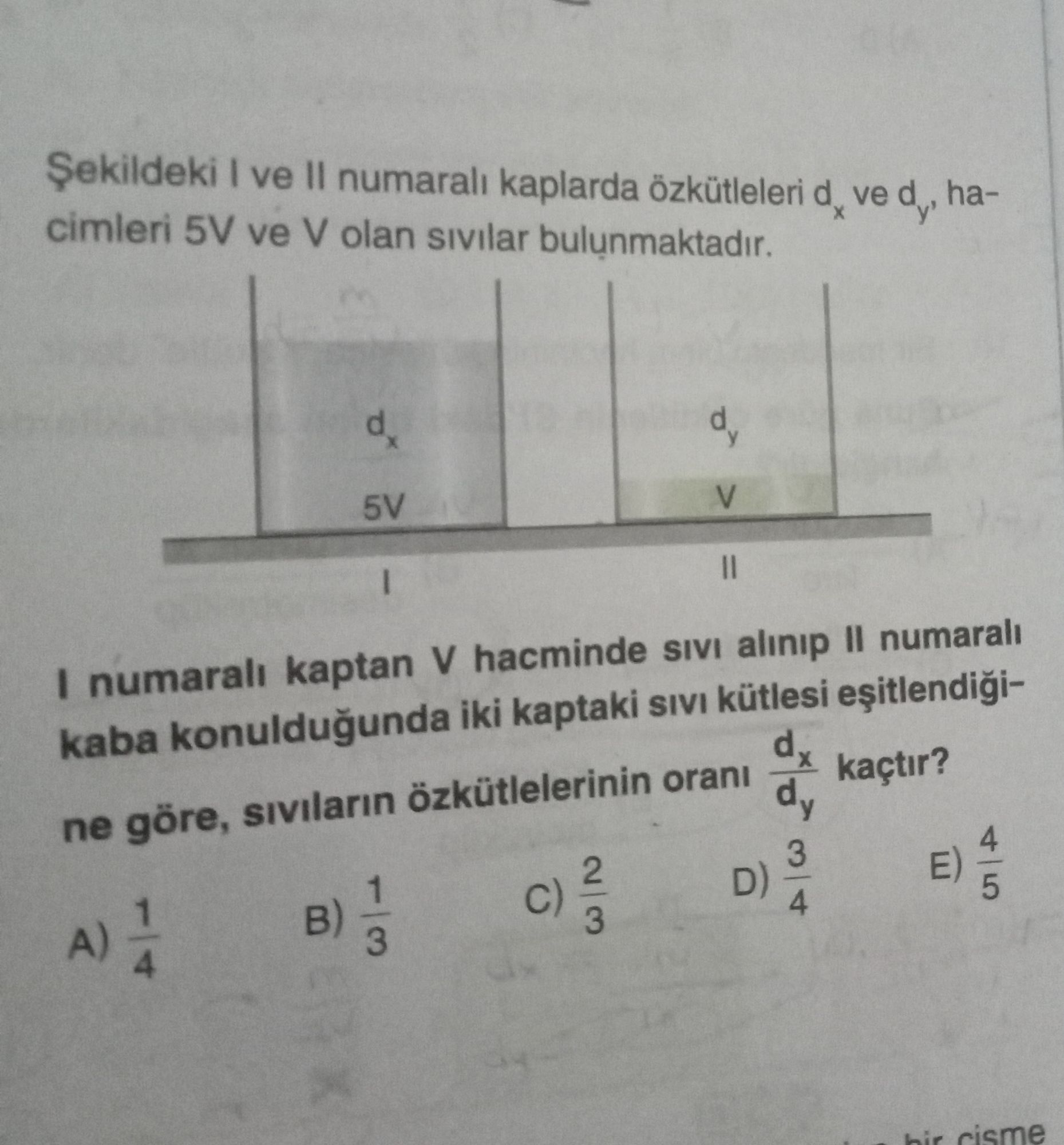 Şekildeki I ve II numaralı kaplarda özkütleleri dₓ ve d_y, hacimleri 5V ve V olan sıvılar