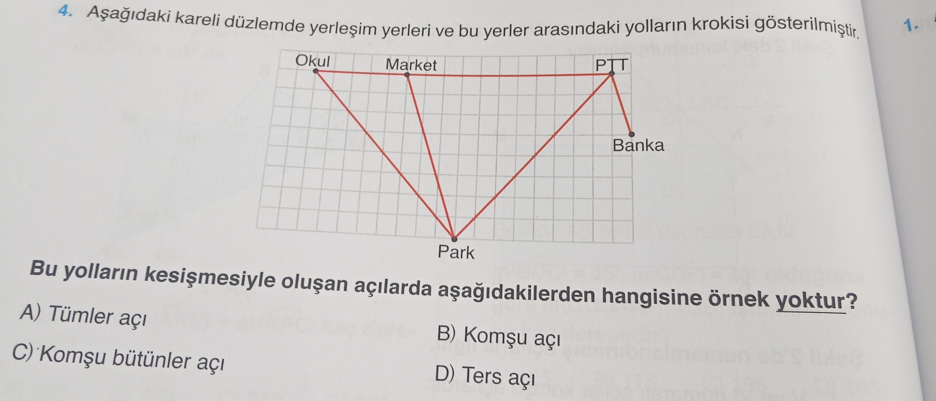 Aşağıdaki kareli düzlemde yerleşim yerleri ve bu yerler arasındaki yolların krokisi gösterilmiştir