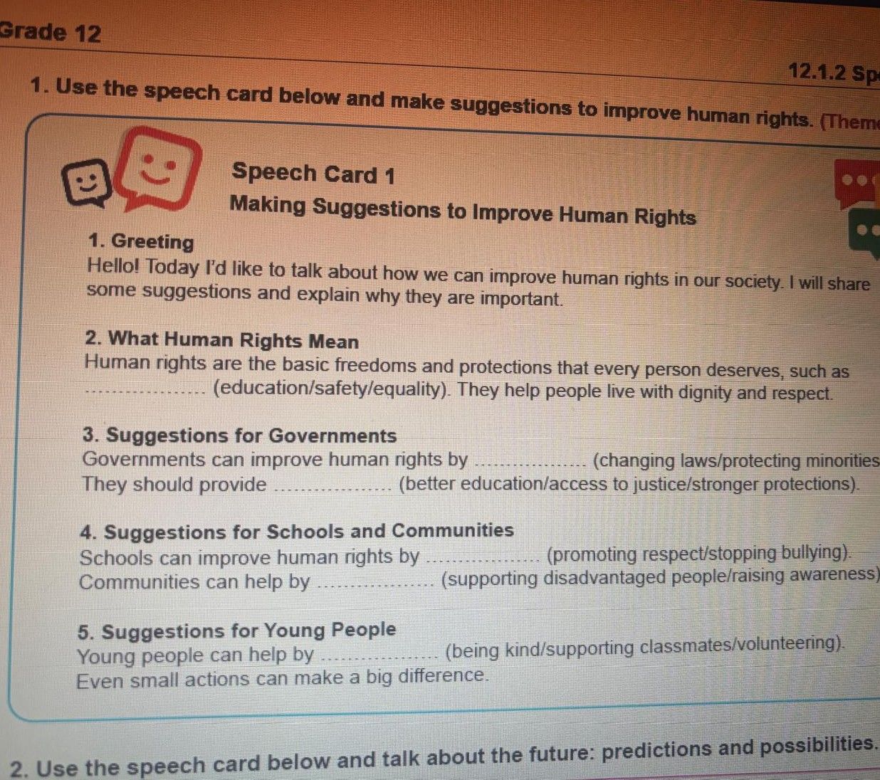 Use the speech card below and make suggestions to improve human rights. (Them... Speech Card 1