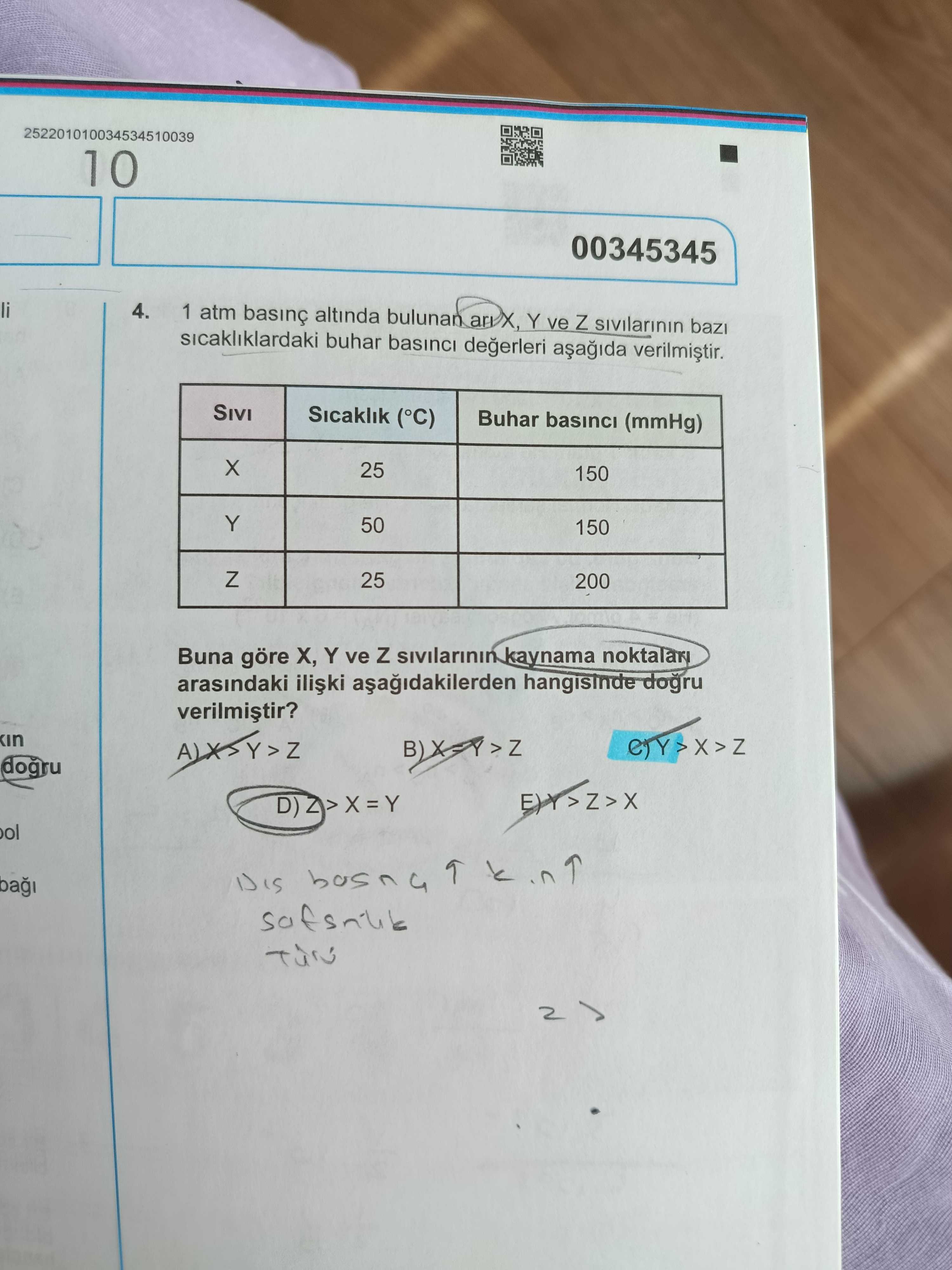 1 atm basınç altında bulunan arı X, Y ve Z sıvılarının bazı sıcaklıklardaki buhar basıncı değerleri