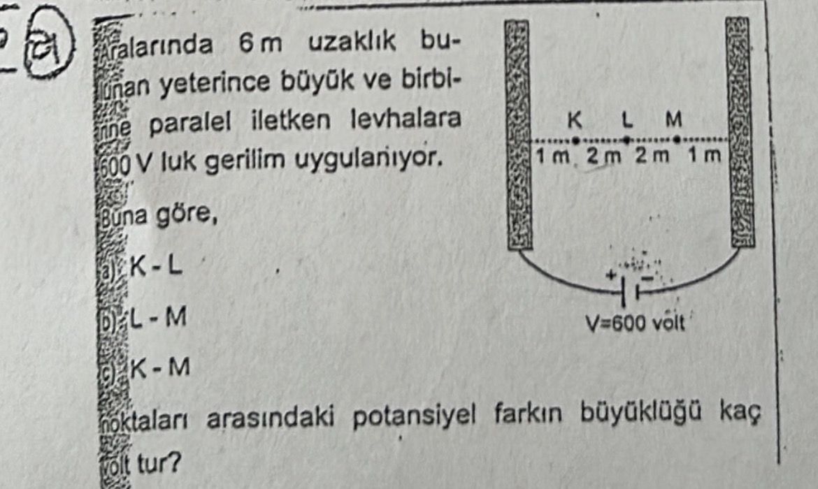 Aralarında 6 m uzaklık bulunan yeterince büyük ve birbirine paralel iletken levhalara 600 V luk