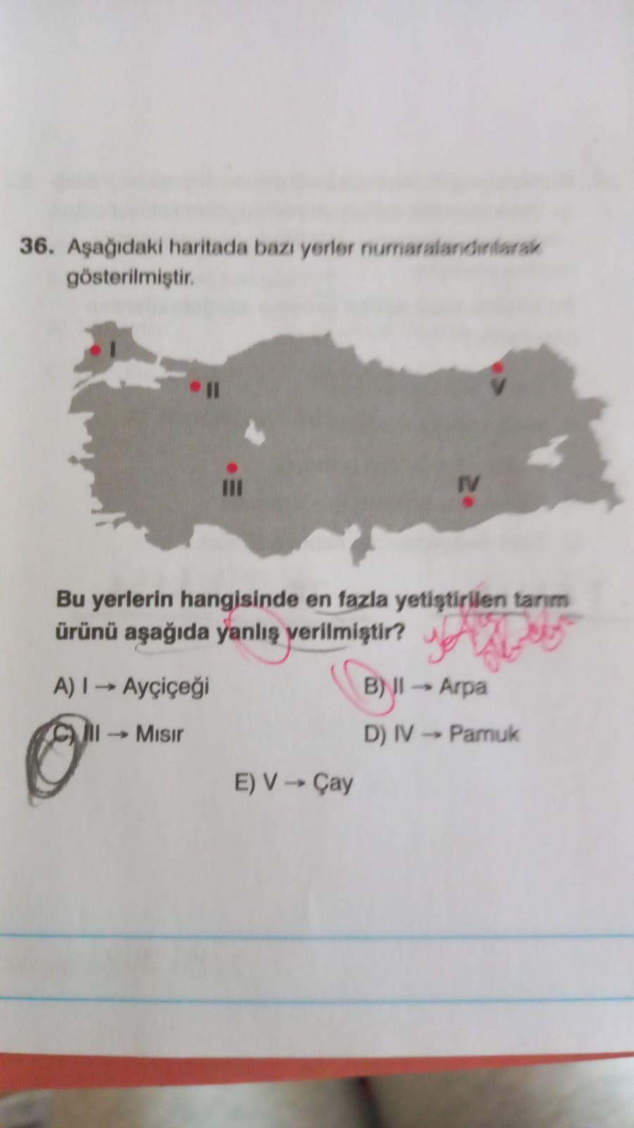 Aşağıdaki haritada bazı yerler numaralandırılarak gösterilmiştir. Bu yerlerin hangisinde en fazla
