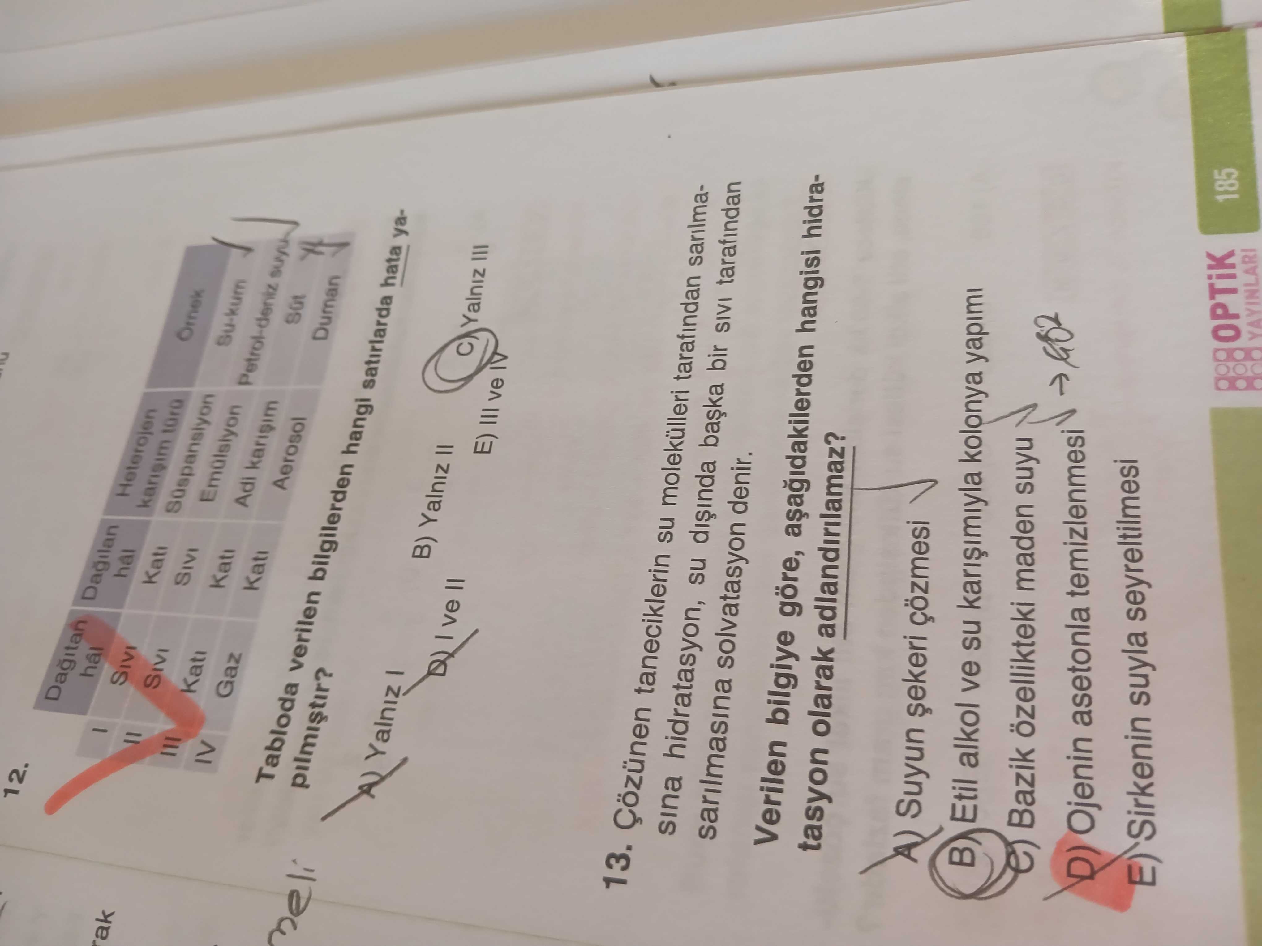 Tabloda verilen bilgilerden hangi satırlarda hata yapılmıştır?