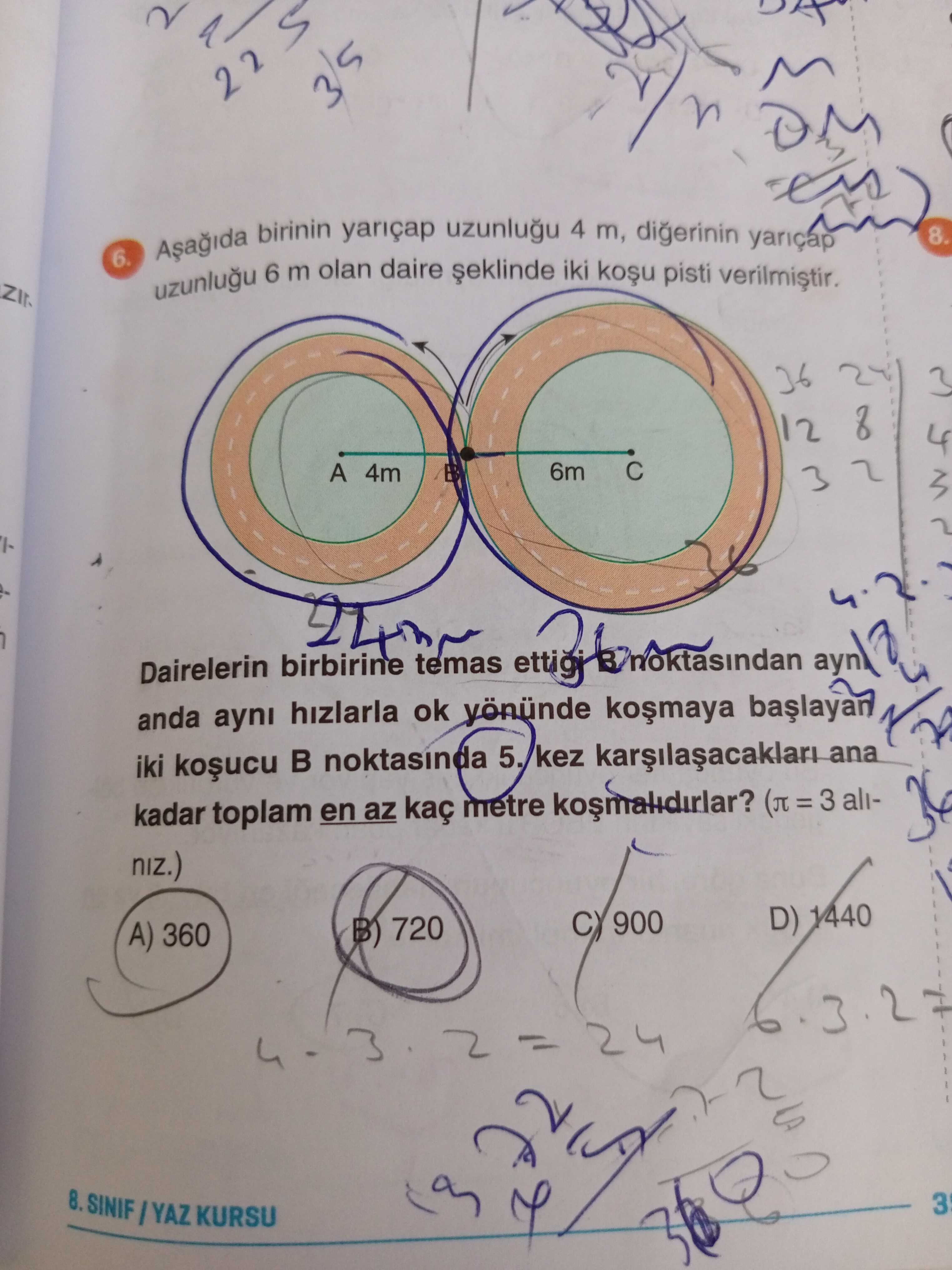 Aşağıda birinin yarıçap uzunluğu 4 m, diğerinin yarıçap uzunluğu 6 m olan daire şeklinde iki koşu