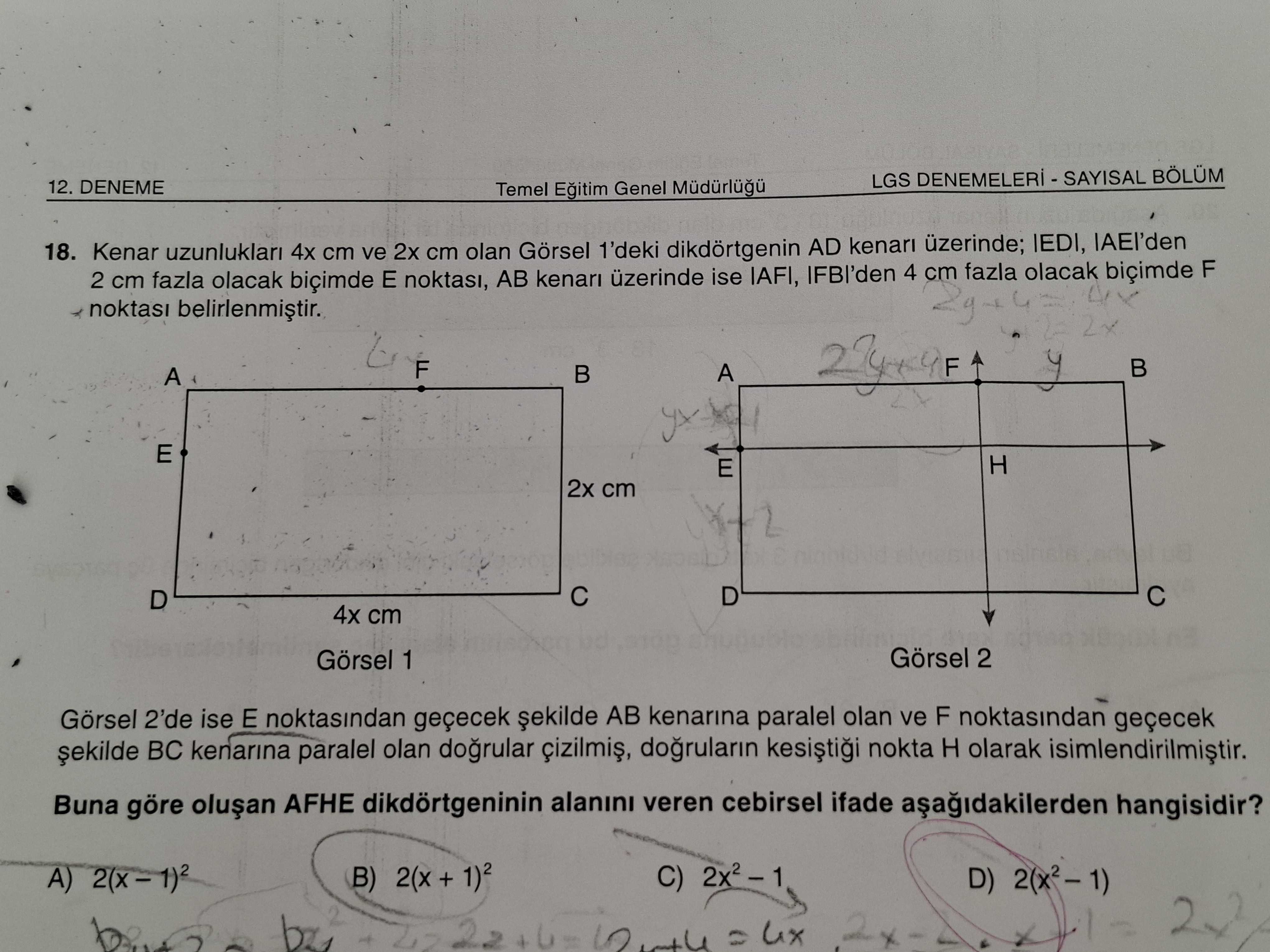Kenar uzunlukları 4x cm ve 2x cm olan Görsel 1'deki dikdörtgenin AD kenarı üzerinde; |ED|, |AE|'den