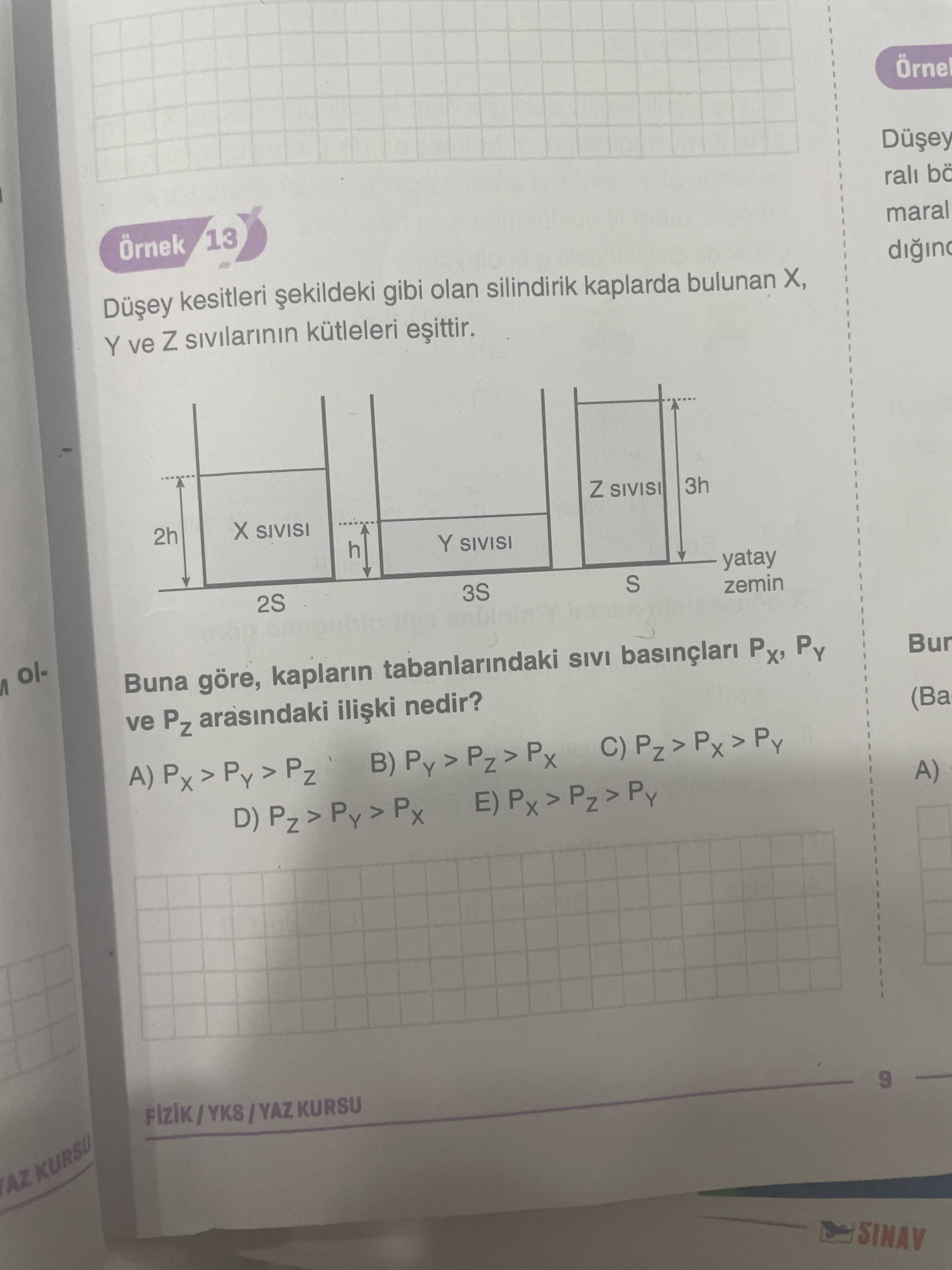 Düşey kesitleri şekildeki gibi olan silindirik kaplarda bulunan X, Y ve Z sıvılarının kütleleri